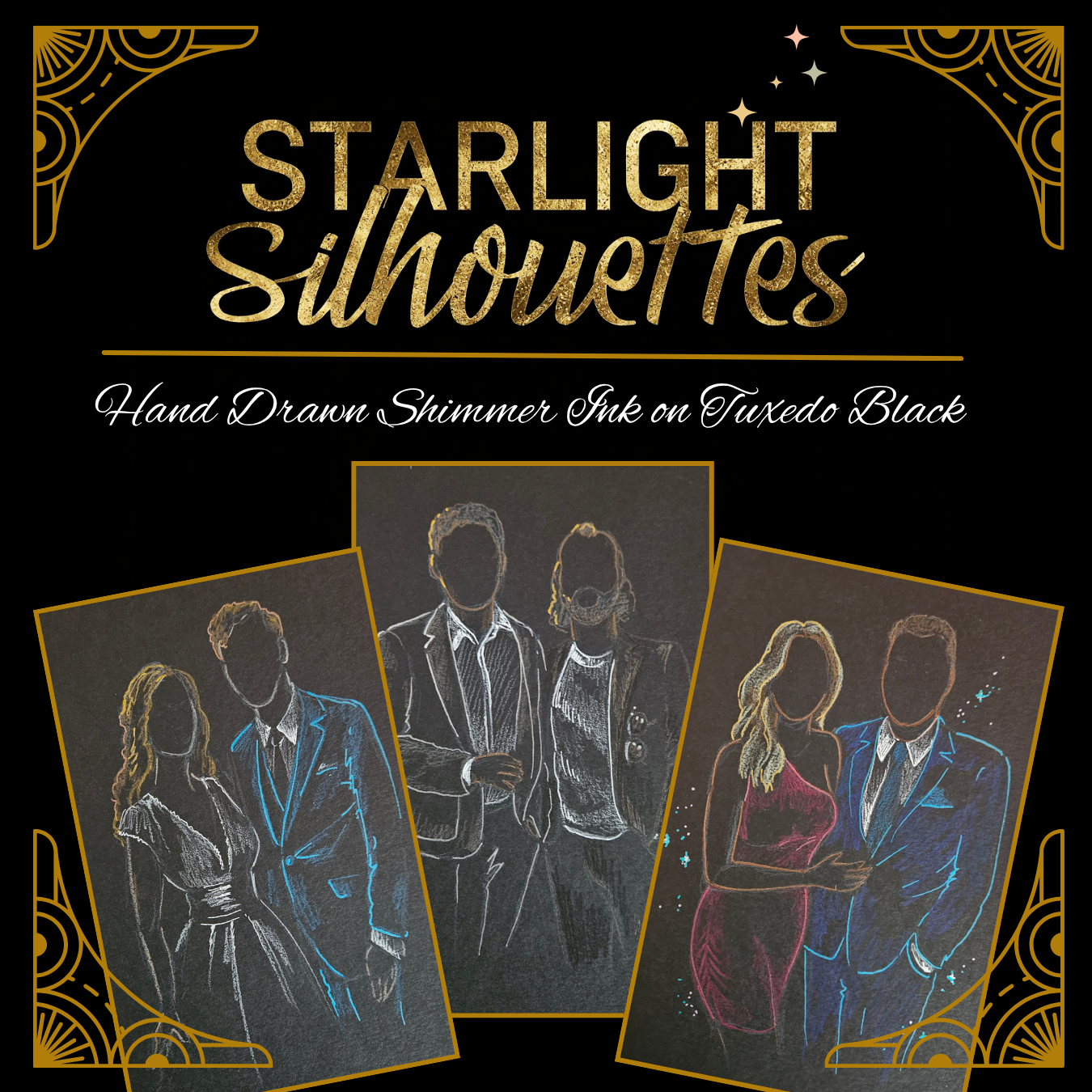 Hand painted guest portraits created using our Tuxedo Black and Shimmer style that we call "Starlight Silhouettes" are the orginal innovation from Live Wedding Painting & co. in Las Vegas. A fun variation on the idea of hand painted guest portraits.