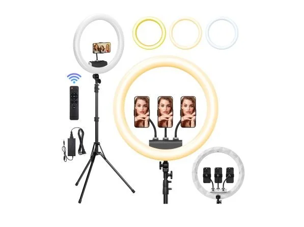 A portable photo light ring with a phone holder and charging ports, on an adjustable tripod.