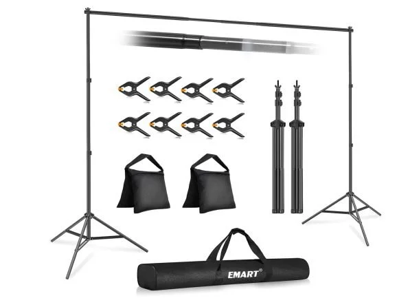 Backdrop stand, eight clamps, adjustable tripod sides, two weight bags, and a black carrying case.
