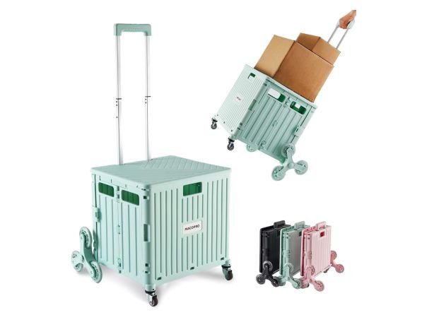 Foldable rolling shopping cart with a telescoping handle and large wheels, shown in different colors including mint green, black, and pink, with some images displaying it loaded with boxes.