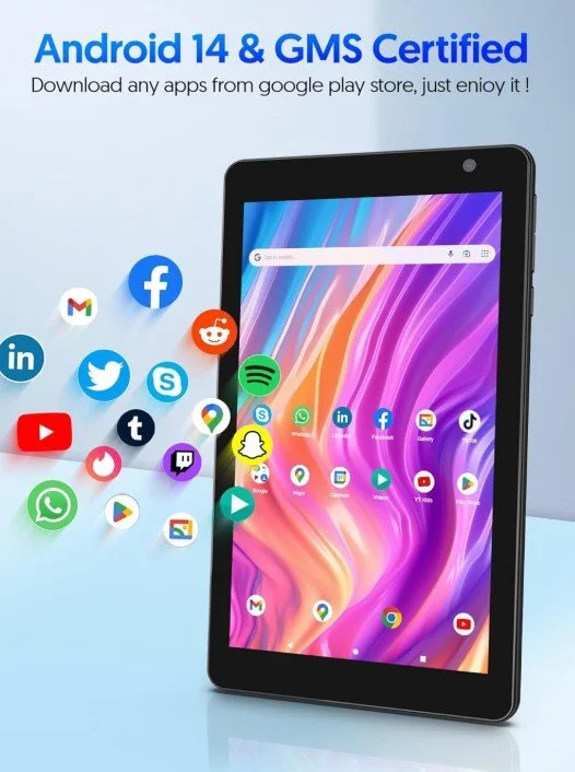 A tablet with a colorful screen displaying app icons, surrounded by social media and communication app icons like Facebook, WhatsApp, TikTok, YouTube, and Snapchat, with text indicating Android 14 and GMS certification.