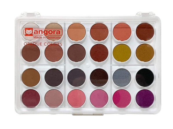 A transparent plastic palette containing 15 circular pans of assorted eyeshadow colors arranged in three rows.