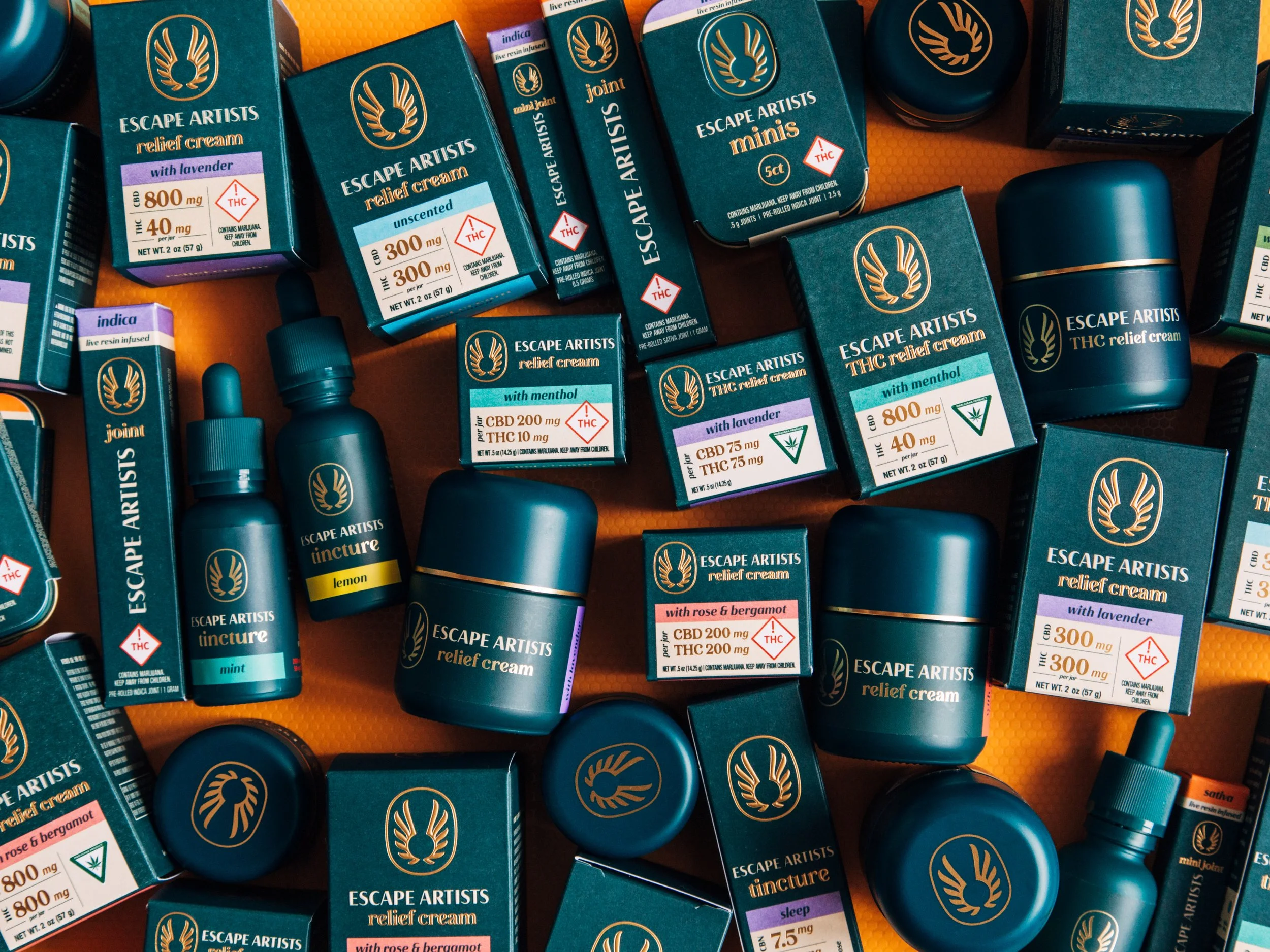 Assorted boxes and bottles of cannabis relief products from Escape Artists, including relief creams, tinctures, and capsules with various ingredients like lavender, menthol, lemon, and rose bergamot, displayed on an orange surface.