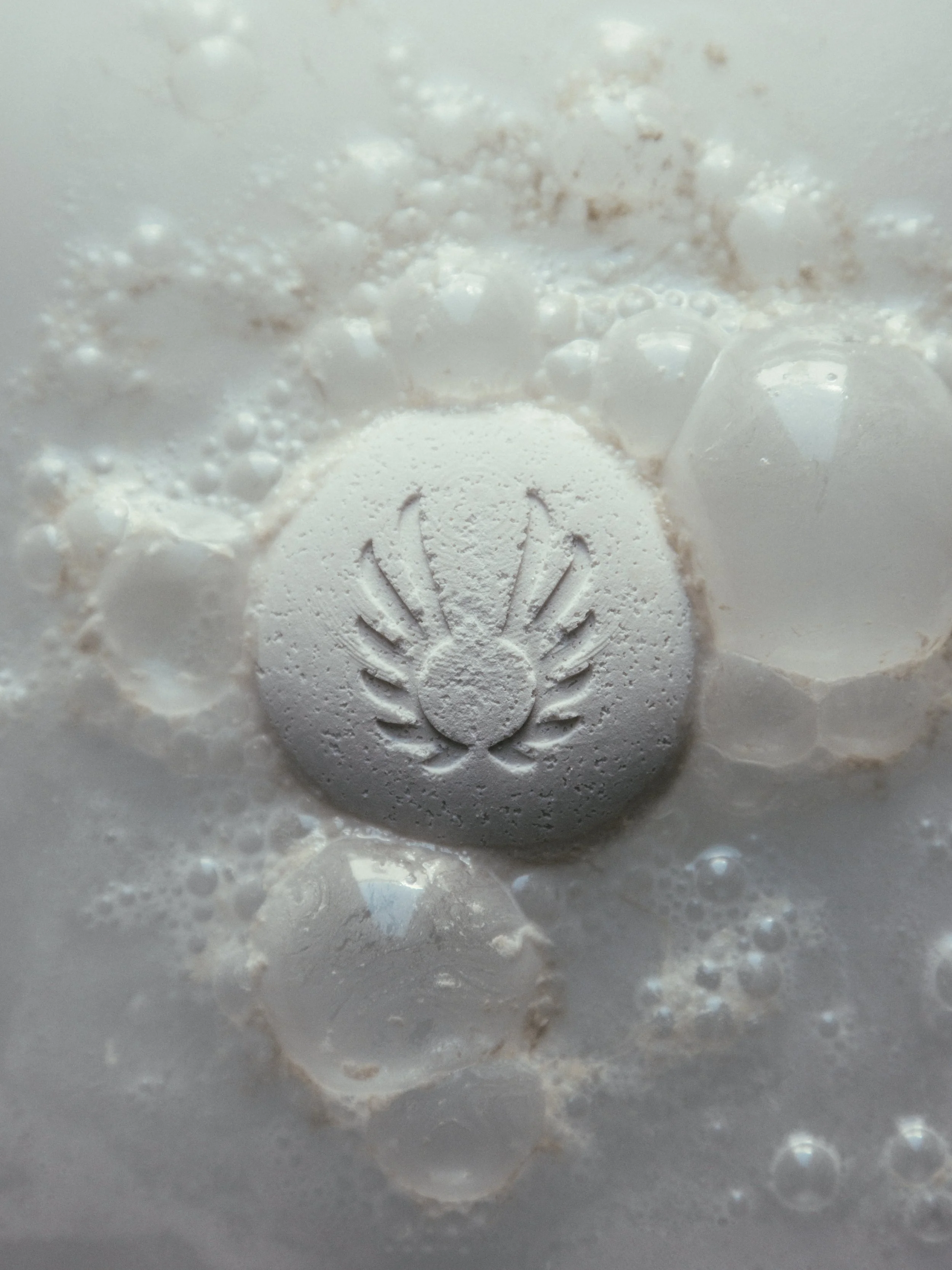 Close-up of a pill inside a container with bubbles around it, featuring a logo with a spider or arachnid design on the pill.