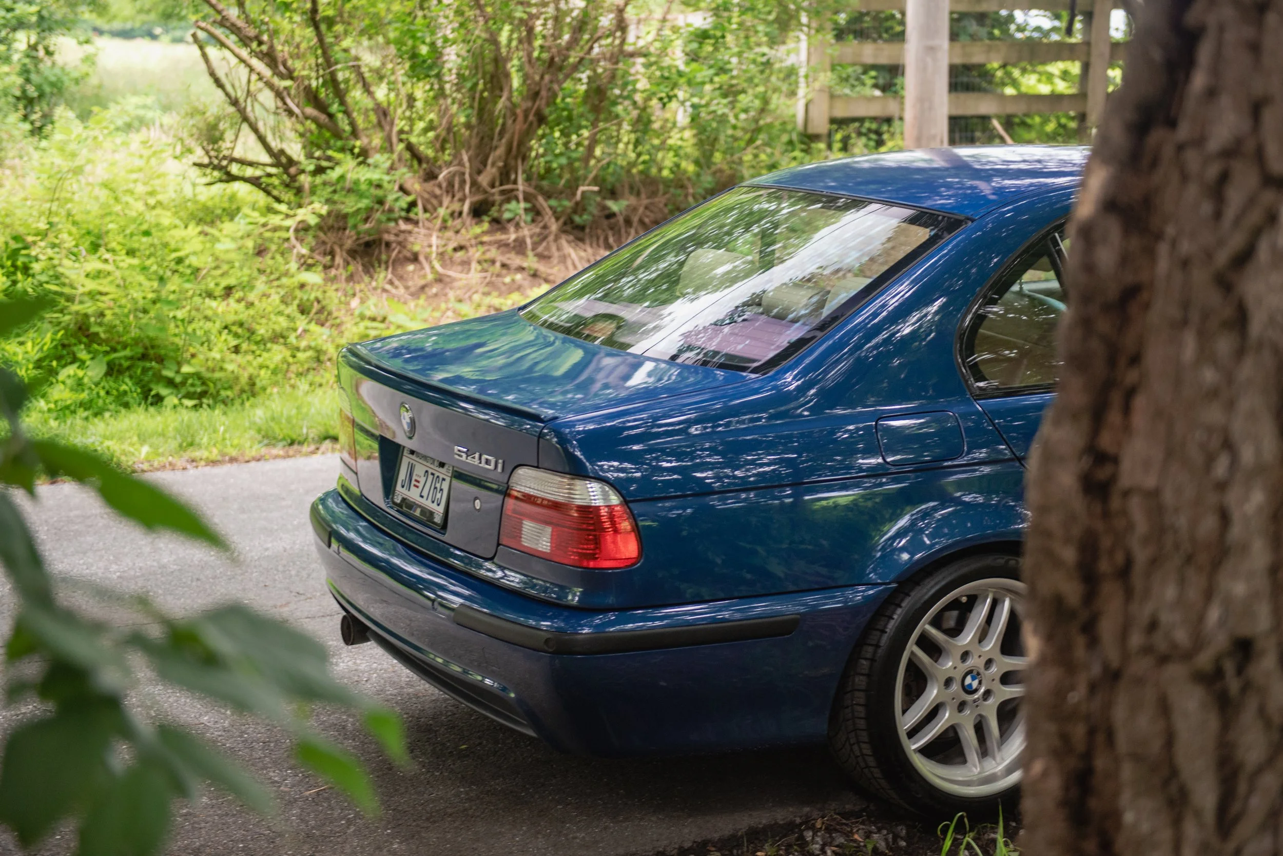 A blue BMW 540i car parked on the side of a road, partially hidden behind a tree in the foreground, with greenery and a wooden fence in the background.
