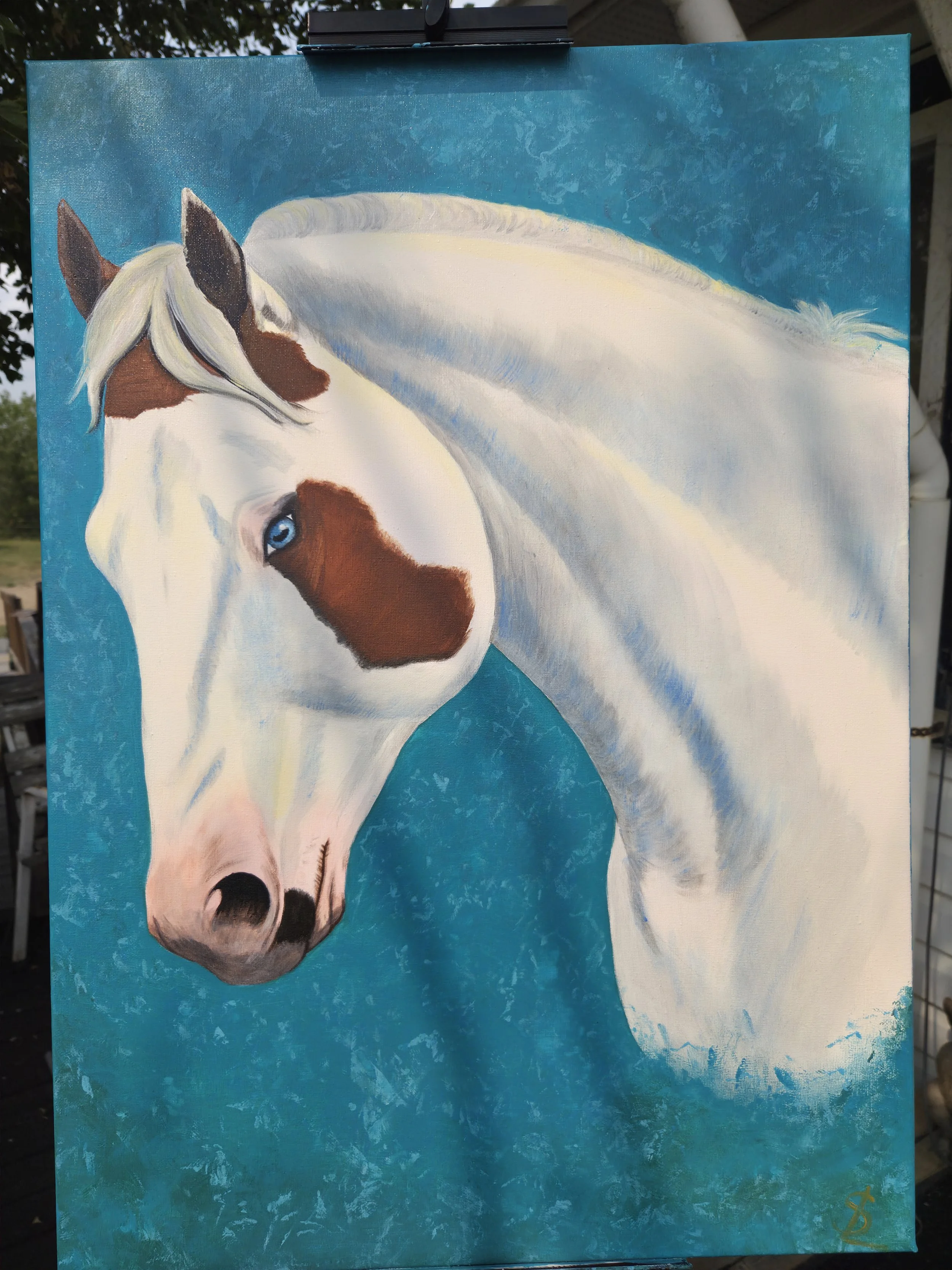 A painting of a white horse with a brown patch around one eye and a pink nose, set against a blue background.