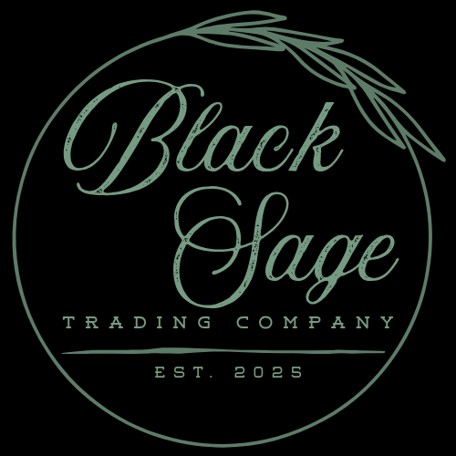 Logo for Black Sage Trading Company with a circular design, a leaf graphic at the top, and text indicating the company was established in 2025.