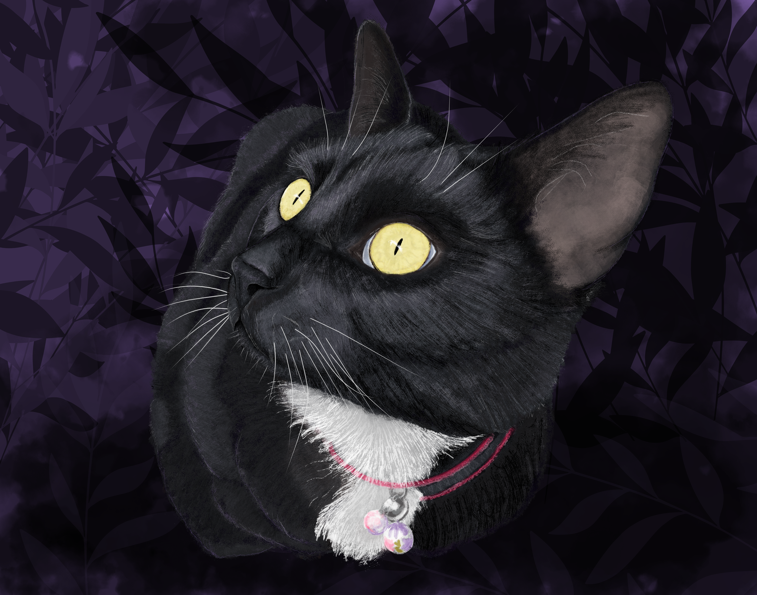 Digital illustration of a black and white cat with yellow eyes, wearing a pink collar with colorful bells, set against a purple leafy background.