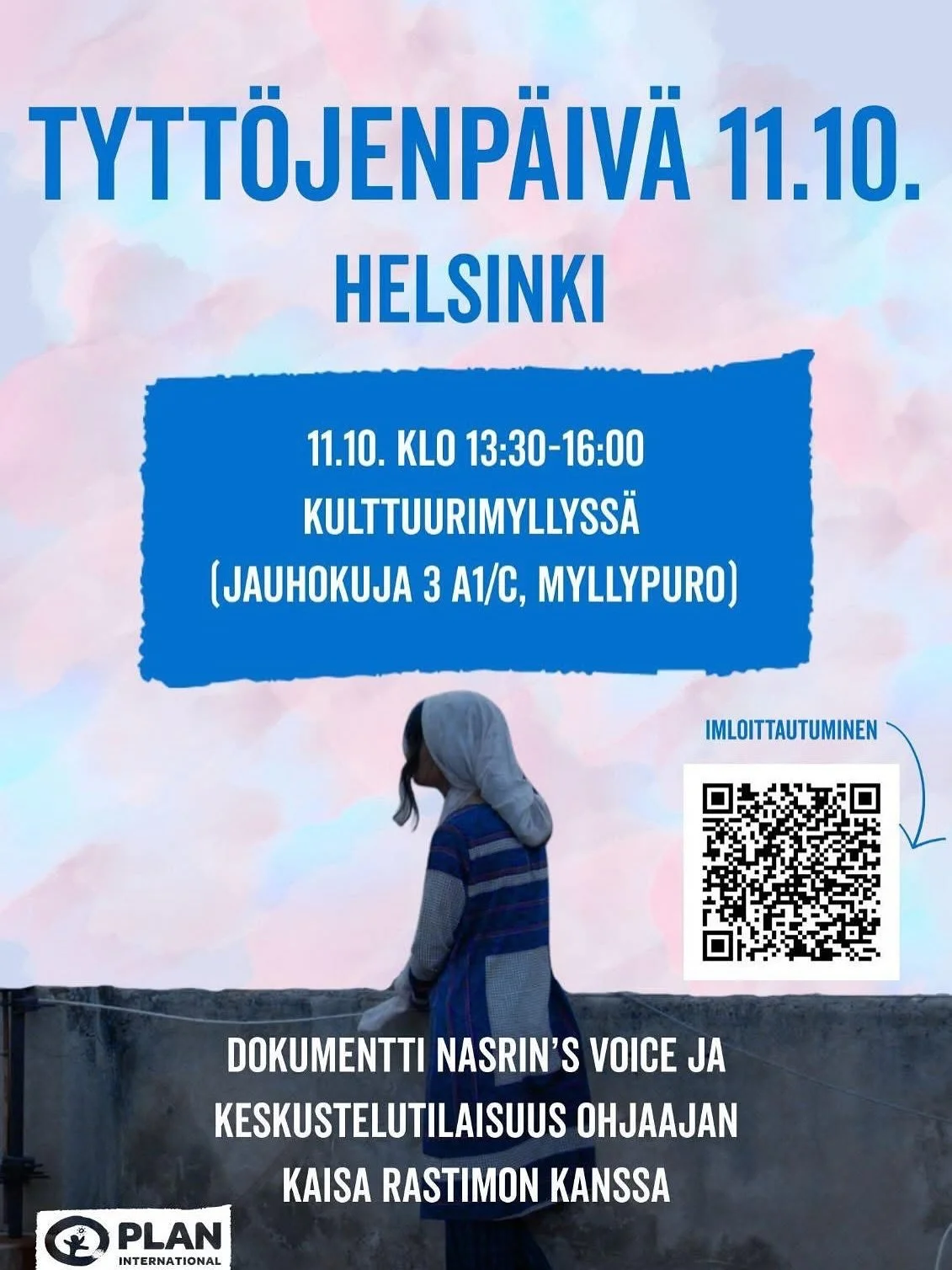 MYLLYPUROSSA TAPAHTUU LAUANTAINA: 
Tervetuloa dokumenttinäytökseen tyttöjen päivänä 11.10.2025 Helsingissä
Elokuvanäytös: Nasrin’s Voice 
📅 Lauantai 11.10. klo 14–16
📍 Kino Kulttuurimylly,
