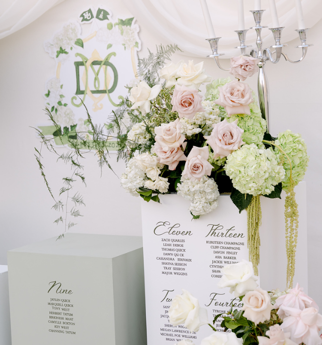 A floral arrangement with pink and white roses and hydrangeas on a white table, near a white candle holder with multiple candles, in a decorated room with a '15' sign and a seating chart.