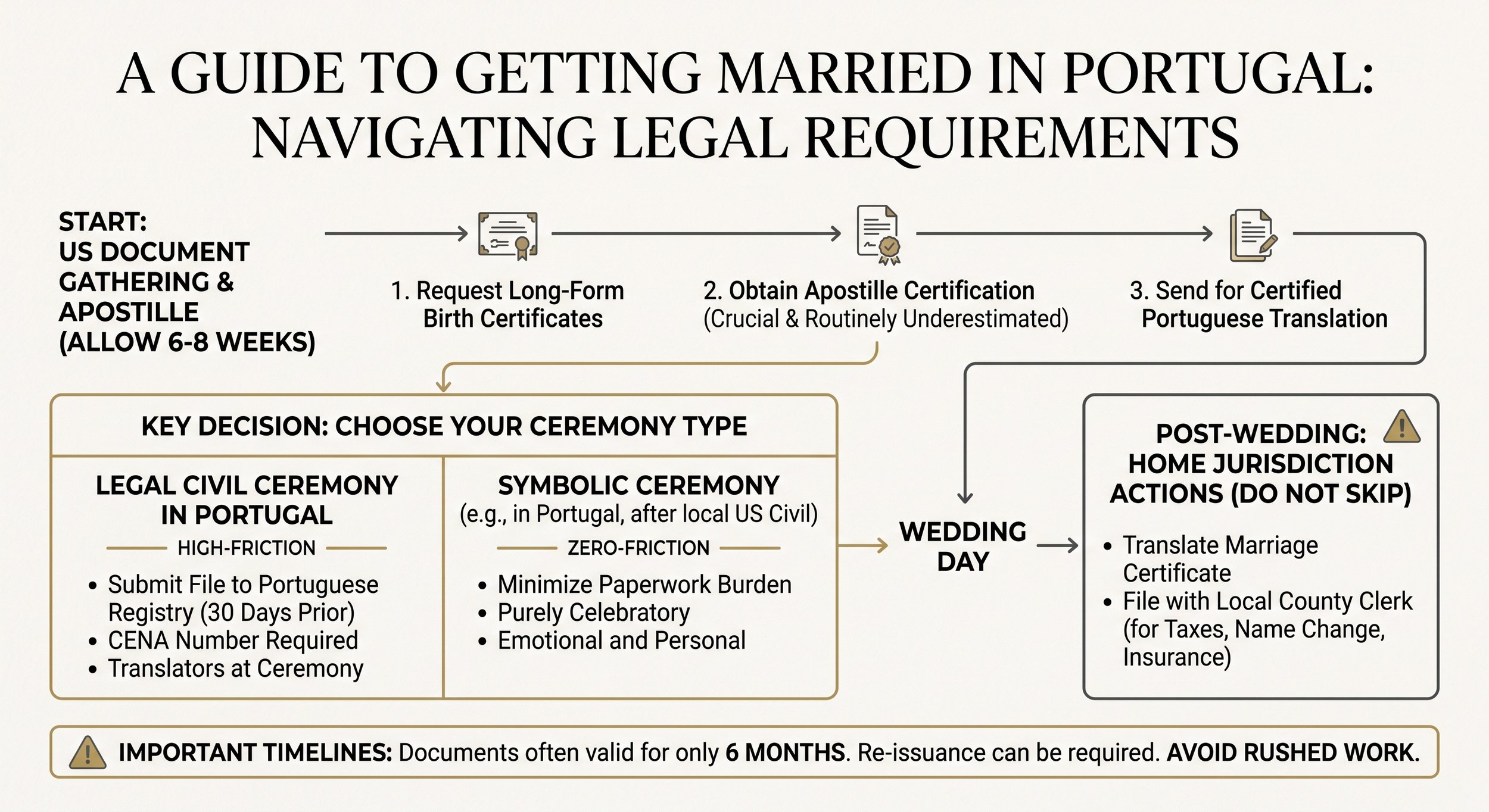 A flowchart titled 'A Guide to Getting Married in Portugal: Navigating Legal Requirements' with steps including requesting birth certificates, obtaining apostille certification, and sending documents for translation. Protocols for different ceremony types and post-wedding actions are also outlined.