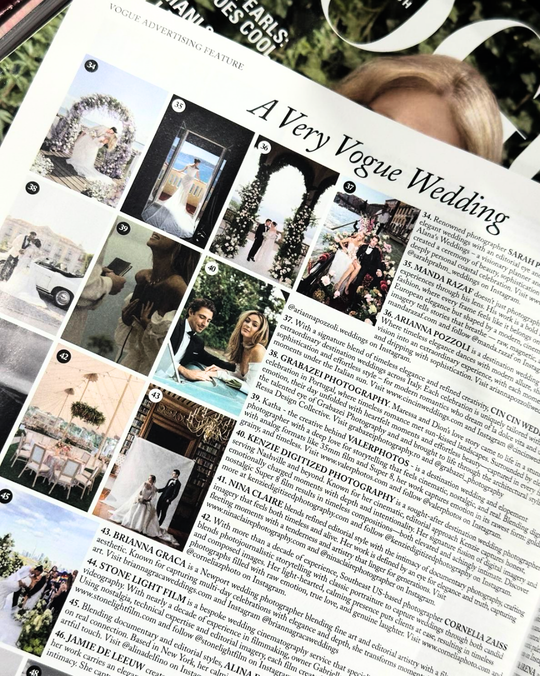 Page from a magazine with wedding photography sections and images, including a bride standing on a deck, a couple under an arch, and a bride and groom with a vintage car.