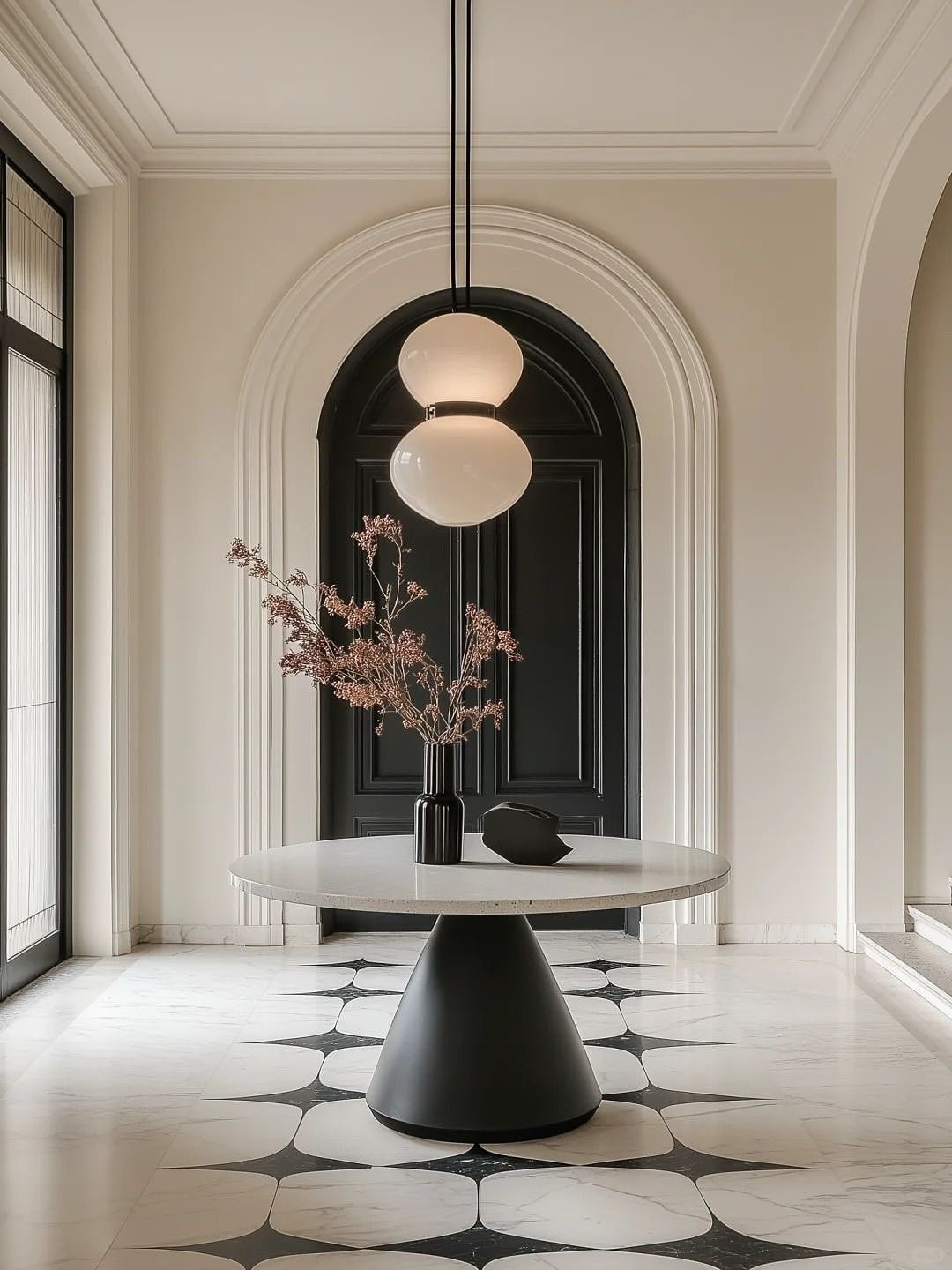 Modern foyer with a round table, black vase with pink flowers, black decorative object, black arched door, hanging globe pendant lights, patterned tile floor, white walls, and natural light.