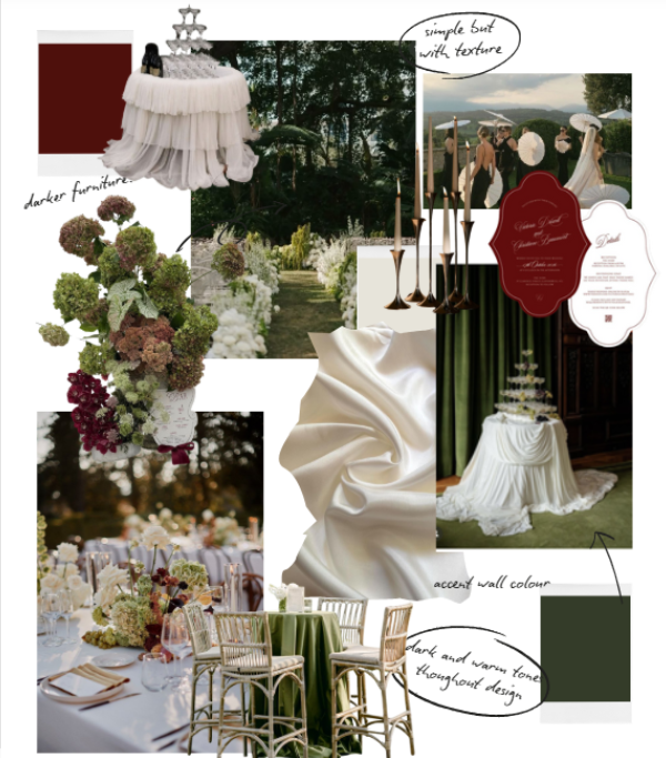 Collage of wedding decor elements including florals, draped fabric, candles, and table settings in green and white tones with darker furniture, outdoor ceremony photos, and design notes.