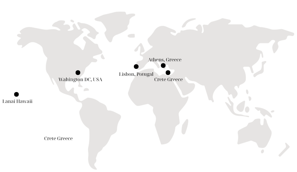 Ressa Design Collective World map showing locations of Lanai Hawaii, Washington DC USA, Lisbon Portugal, Athens Greece, Crete Greece, and Crete Greece.
