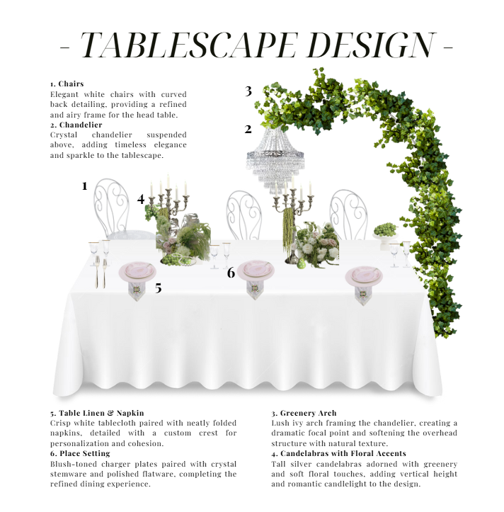 A table setting diagram labeled 'Tablescape Design' with numbered descriptions of items on the table, including elegant white chairs, a chandelier, greenery arch, silver candelabra with floral accents, a white tablecloth with napkins, place setting plates, and candles.