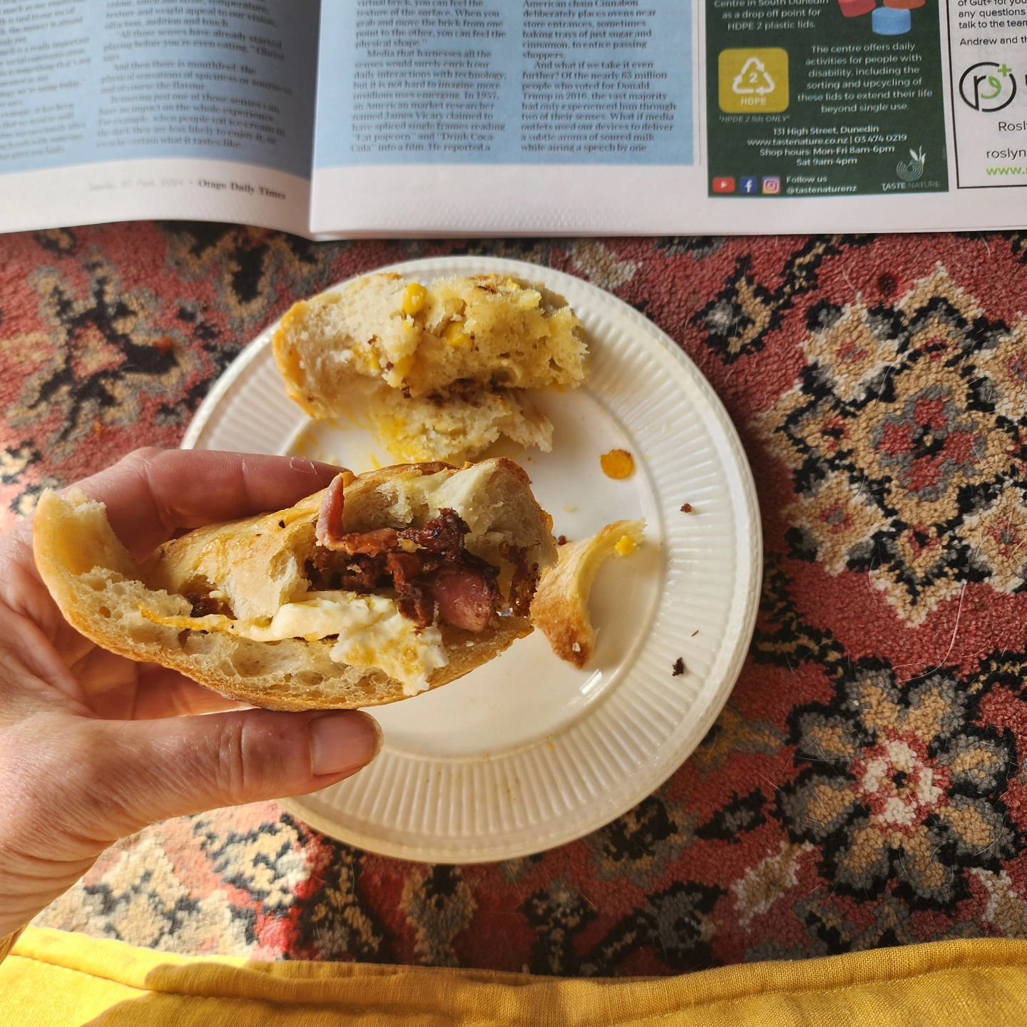 That feeling when you overestimate your ability to eat an amazing b&amp;e on chnurzel, and realise the dog's going to enjoy it at least as much as (but likely more than coz there's no gutty fallout) you have. 
🍳🥓🥖
Is it the joy of sharing or sadne