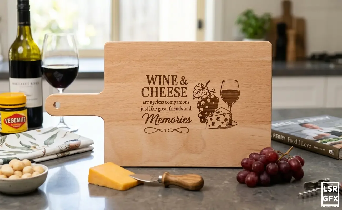 Personalised laser engraved charcuterie board styled with cheese, crackers and grapes on a kitchen bench