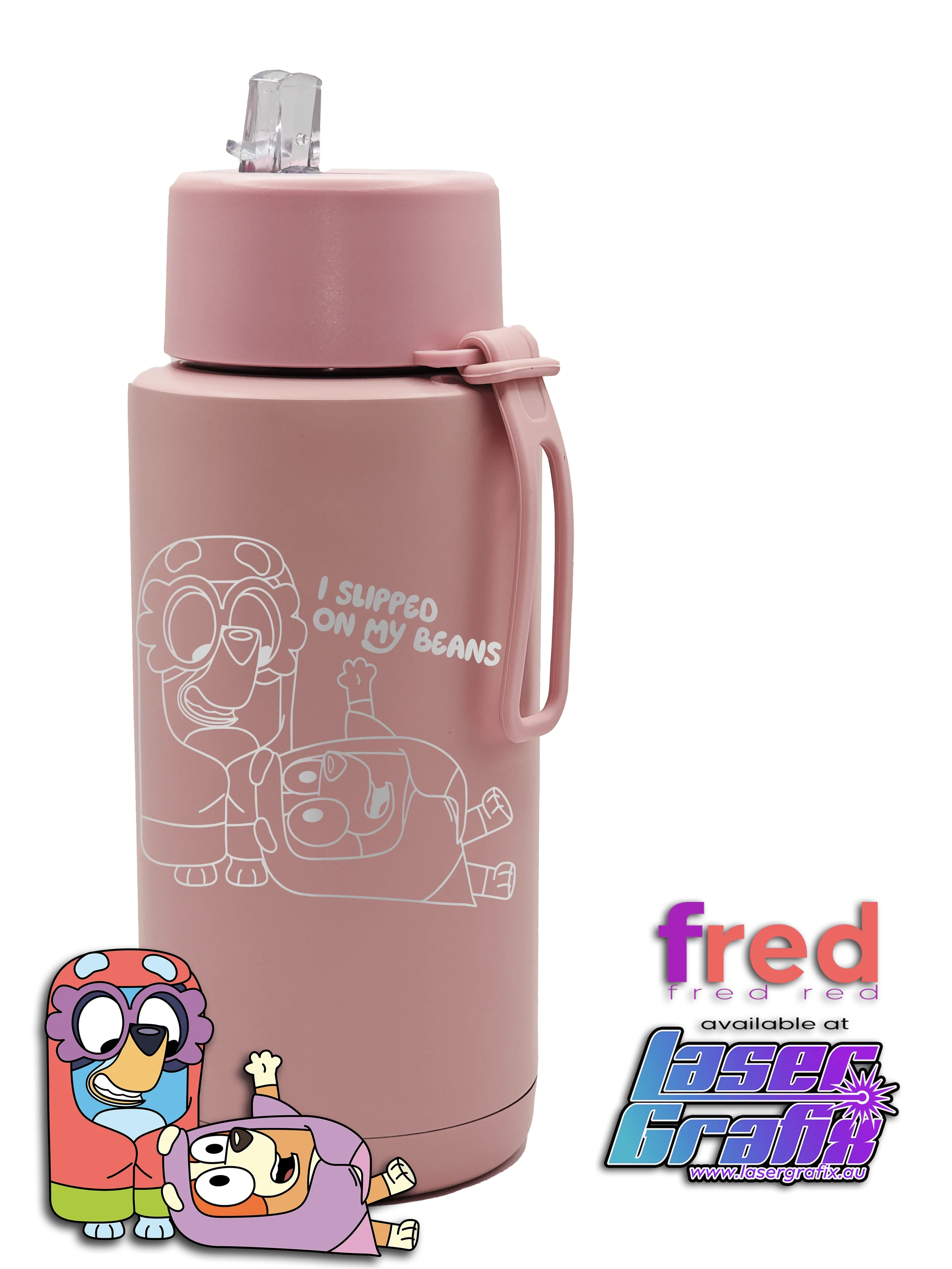 Personalised Fred Red 20oz ceramic drink bottle with Bluey themed laser engraving, available in blue, pink and lavender