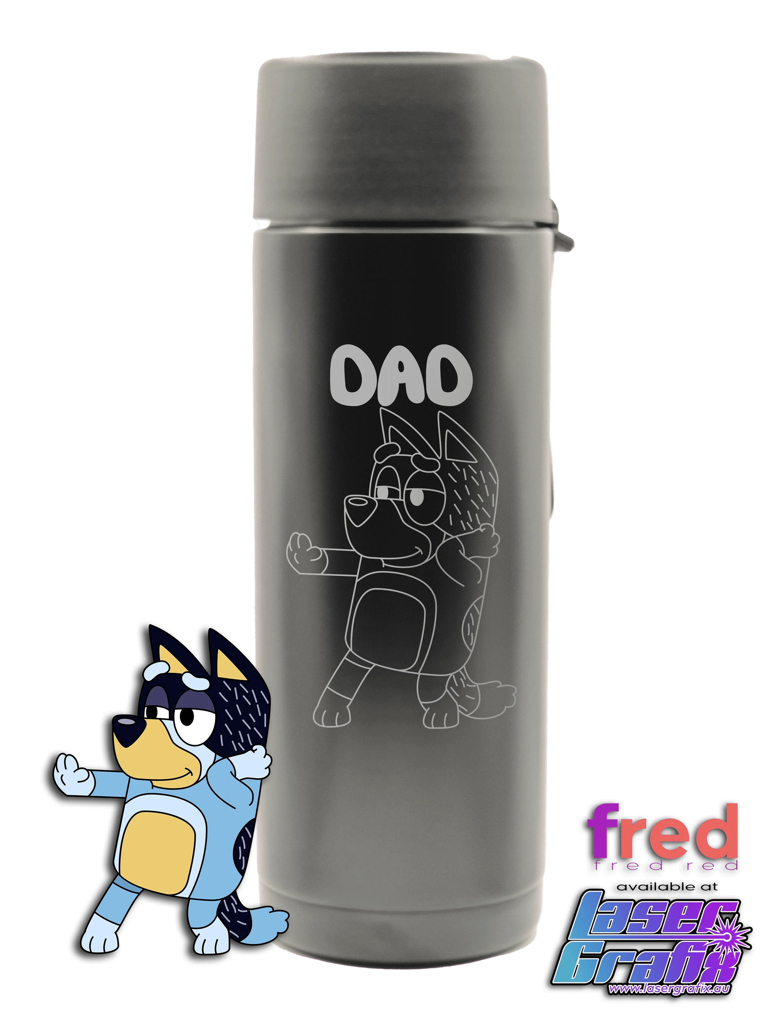 Personalised Fred Red 20oz ceramic drink bottle with Bluey themed laser engraving, available in blue, pink and lavender