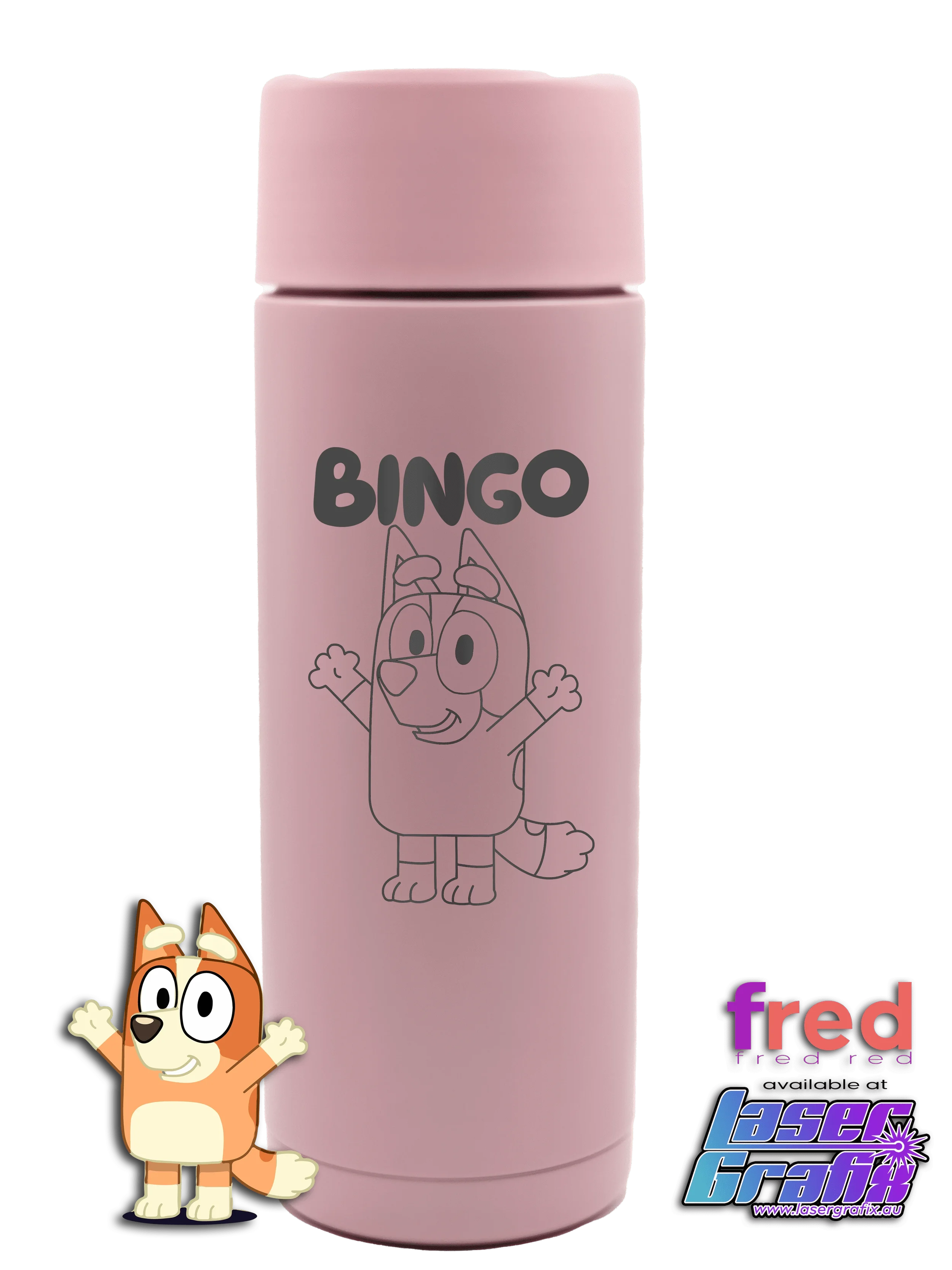 Personalised Fred Red 20oz ceramic drink bottle with Bluey themed laser engraving, available in blue, pink and lavender