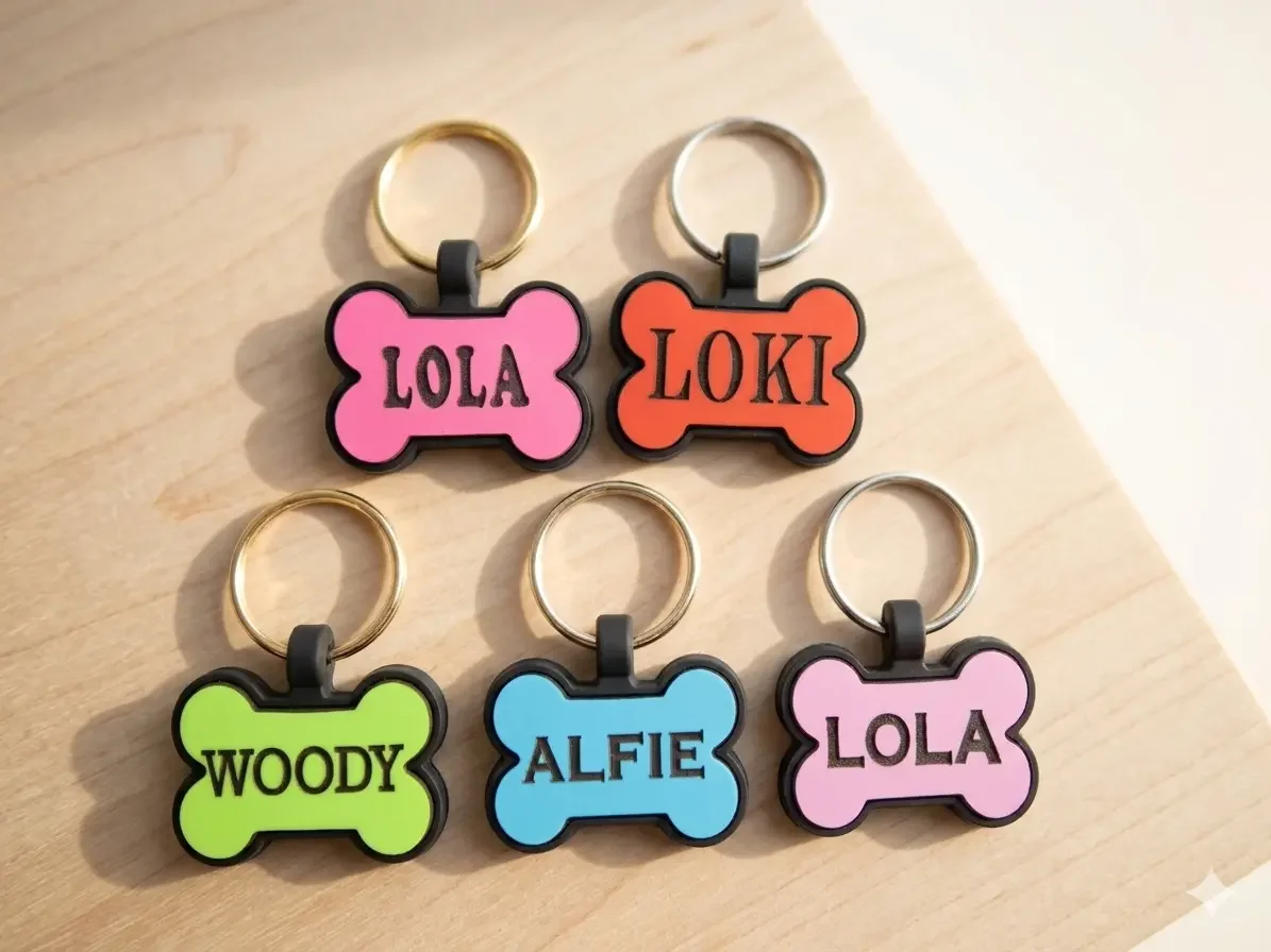 Personalised silicone dog tags in 5 colours — red, green, pink, purple and blue — laser engraved with pet names