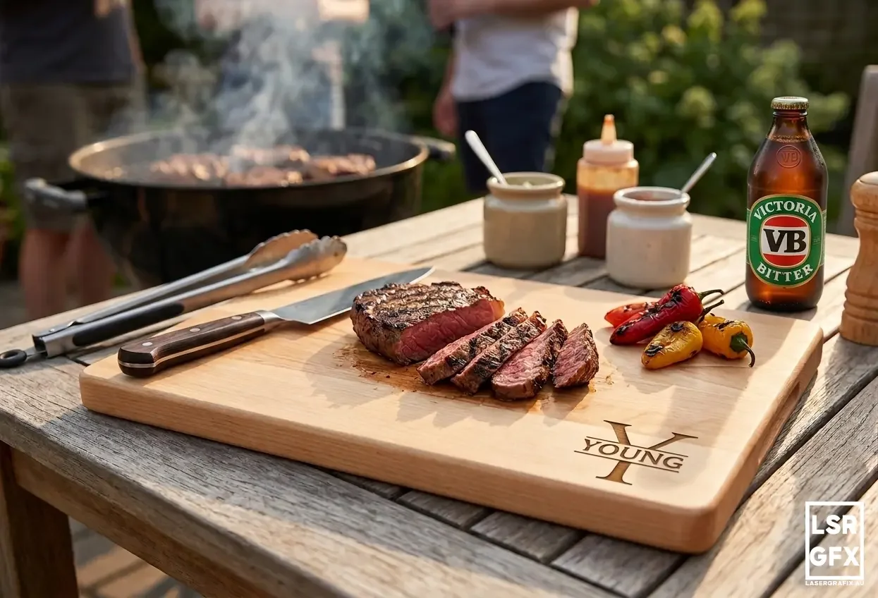 Personalised laser engraved charcuterie serving board in natural beech wood with custom name engraving