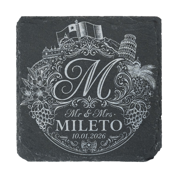 Custom laser engraved slate coaster with personalised name, quote or logo, perfect for weddings, corporate gifts and home decor
