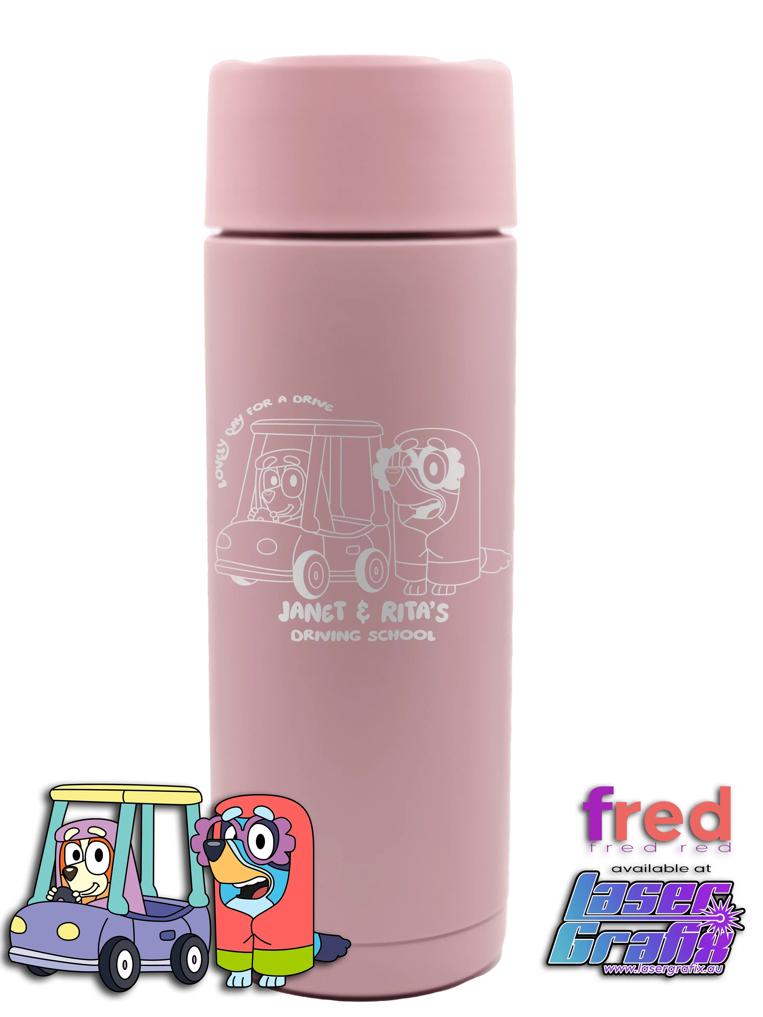 Personalised Fred Red 20oz ceramic drink bottle with Bluey themed laser engraving, available in blue, pink and lavender