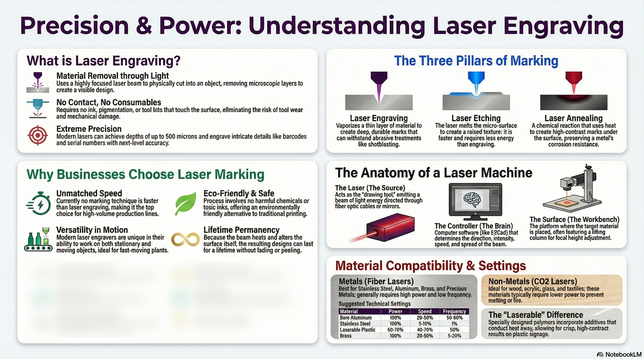 An infographic titled "Precision & Power: Understanding Laser Engraving" explaining laser engraving, its three types: laser engraving, laser etching, and laser annealing, and the components of a laser machine including the laser (source), the controller (brain), and the surface (workbench). It also covers reasons businesses choose laser marking, such as speed, safety, versatility, and lifespan, and discusses material compatibility and settings for metals and non-metals, along with the difference made by special polymers.