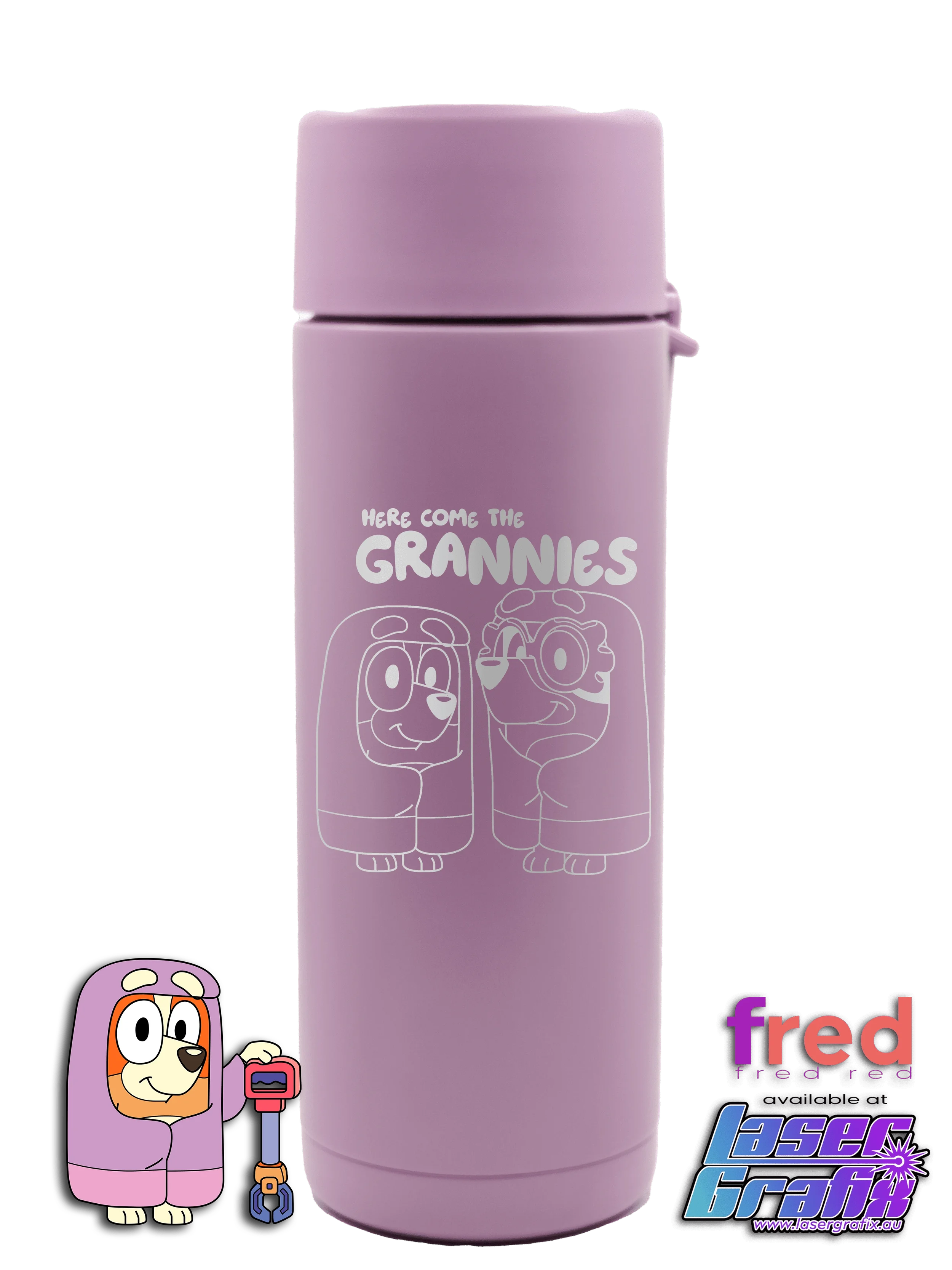 Personalised Fred Red 20oz ceramic drink bottle with Bluey themed laser engraving, available in blue, pink and lavender