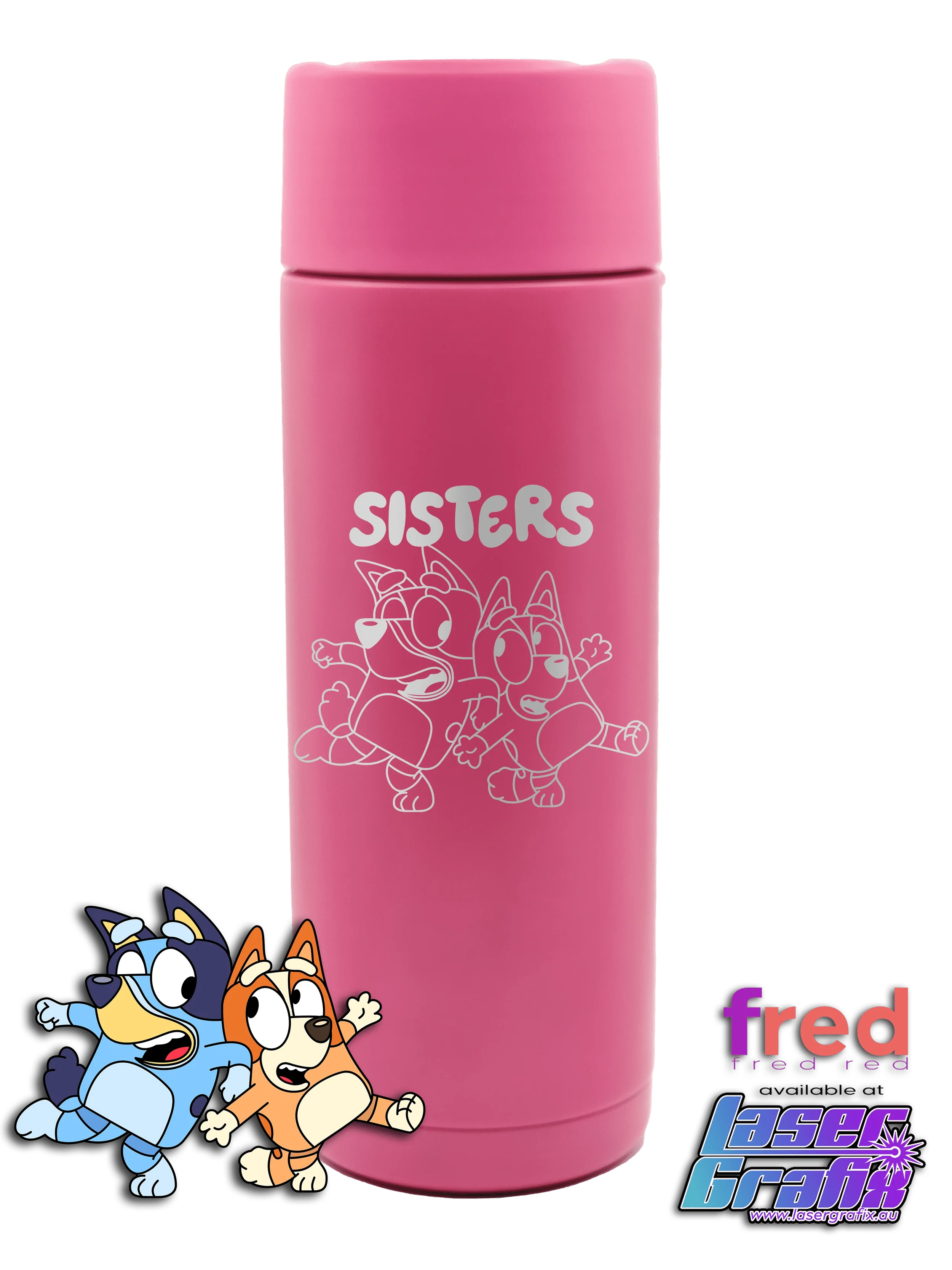Personalised Fred Red 20oz ceramic drink bottle with Bluey themed laser engraving, available in blue, pink and lavender