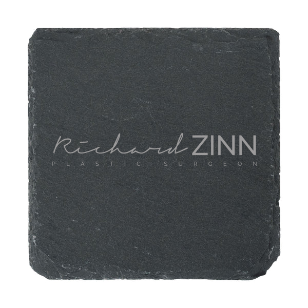 Custom laser engraved slate coaster with personalised name, quote or logo, perfect for weddings, corporate gifts and home decor