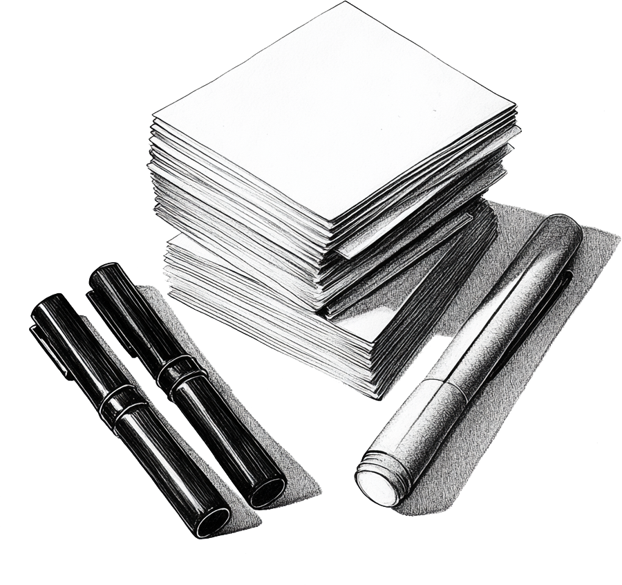 Stack of paper sheets next to markers