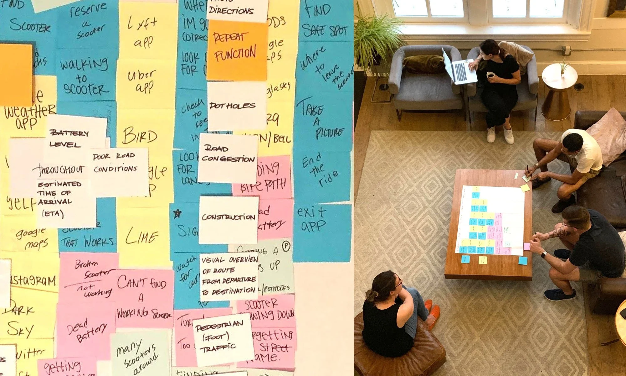 Close-up of colourful sticky notes and a group of people discussing ideas in a meeting room