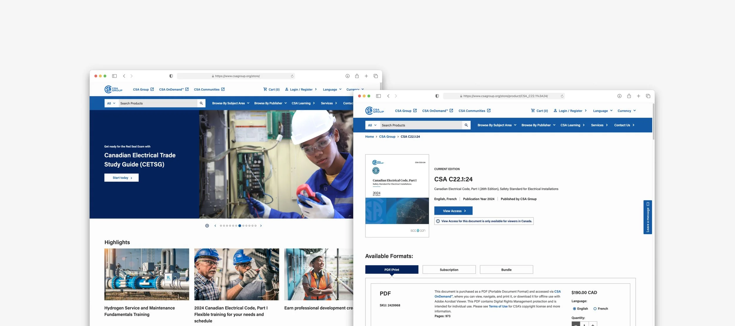 Two webpages showing a CSA Group study guide banner and a product page for the Canadian Electrical Code with format options