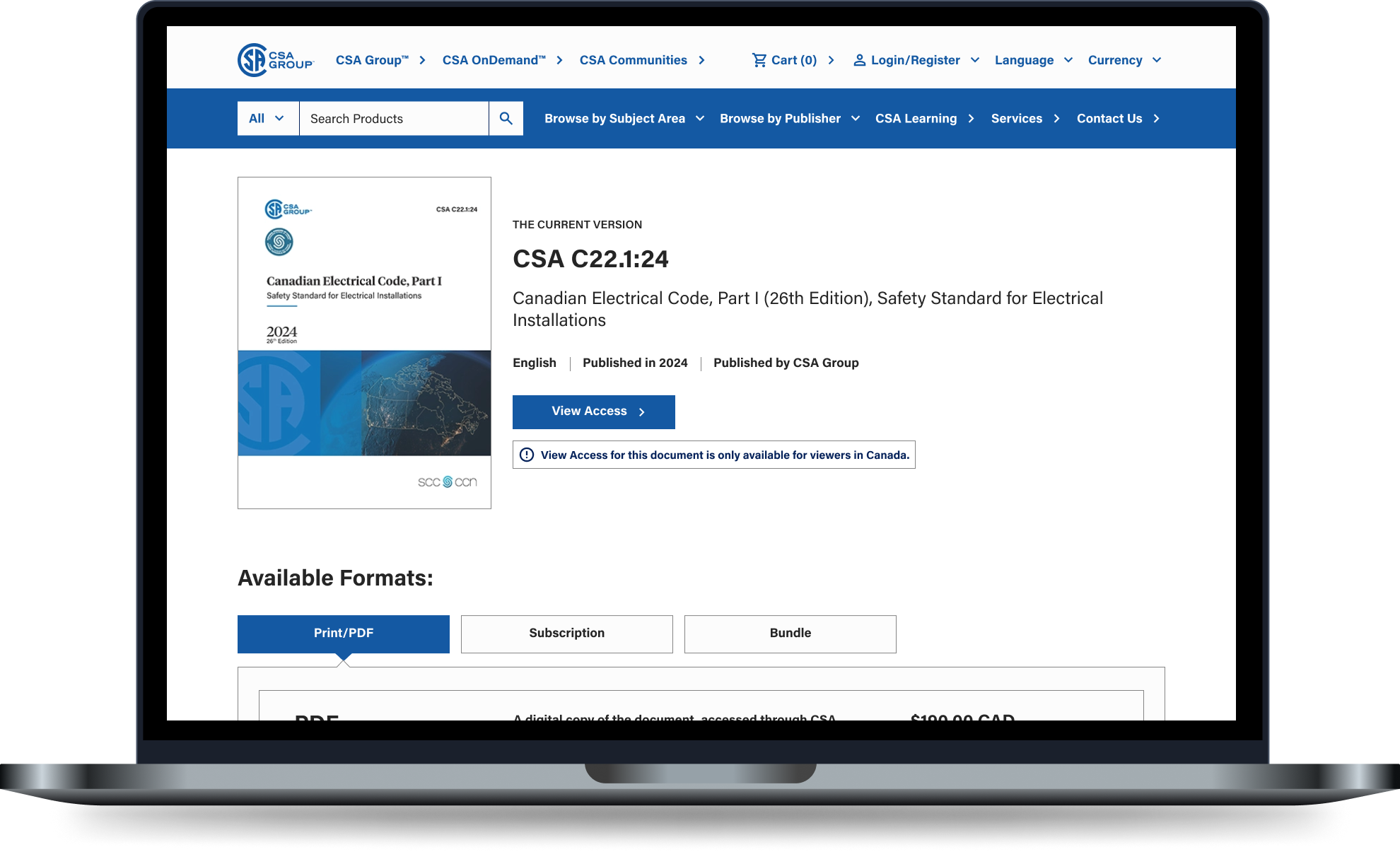 A laptop displaying a CSA Group product page for the Canadian Electrical Code, highlighting available formats and purchase options