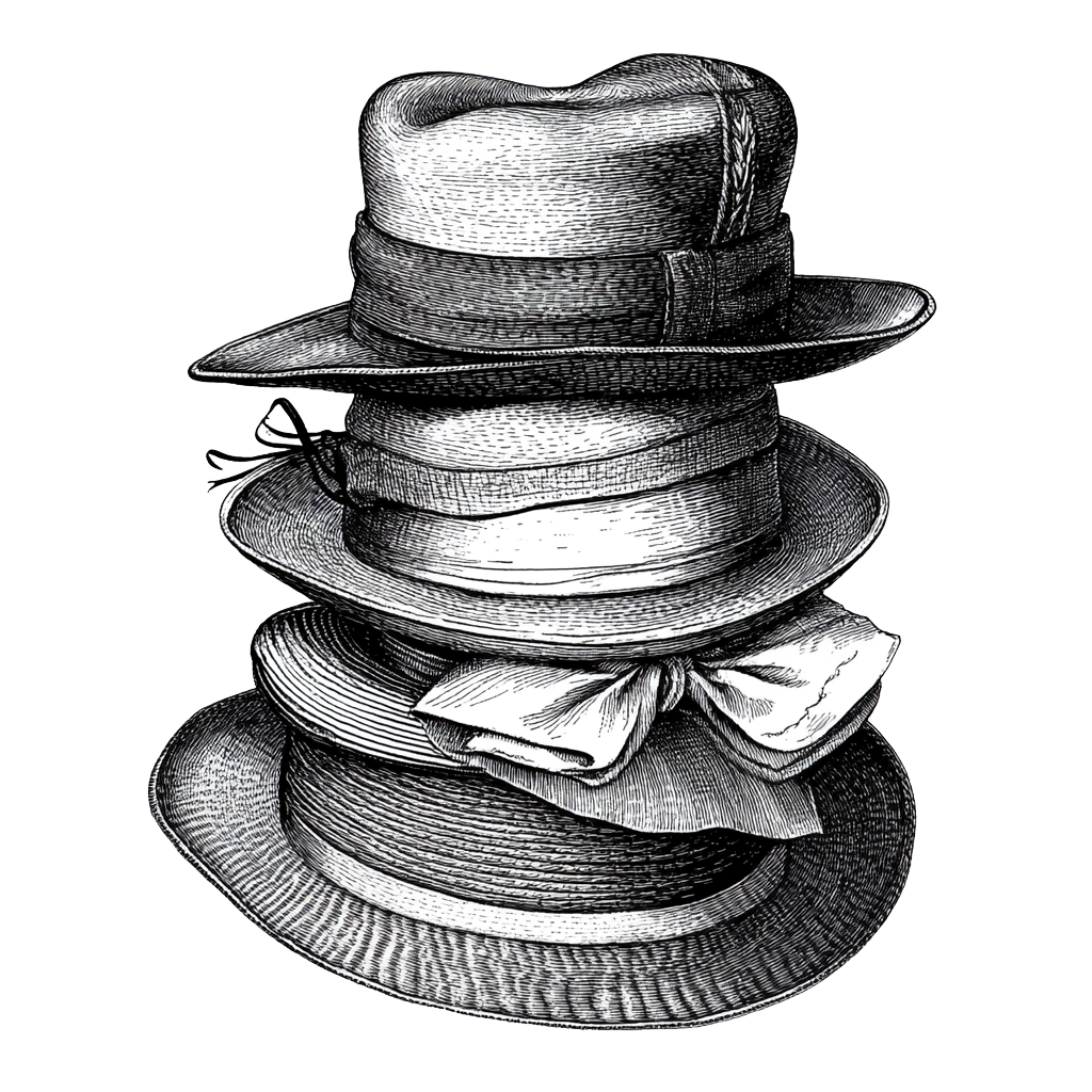 Illustration of a stack of vintage-style hats in various designs, drawn in a detailed sketch style.