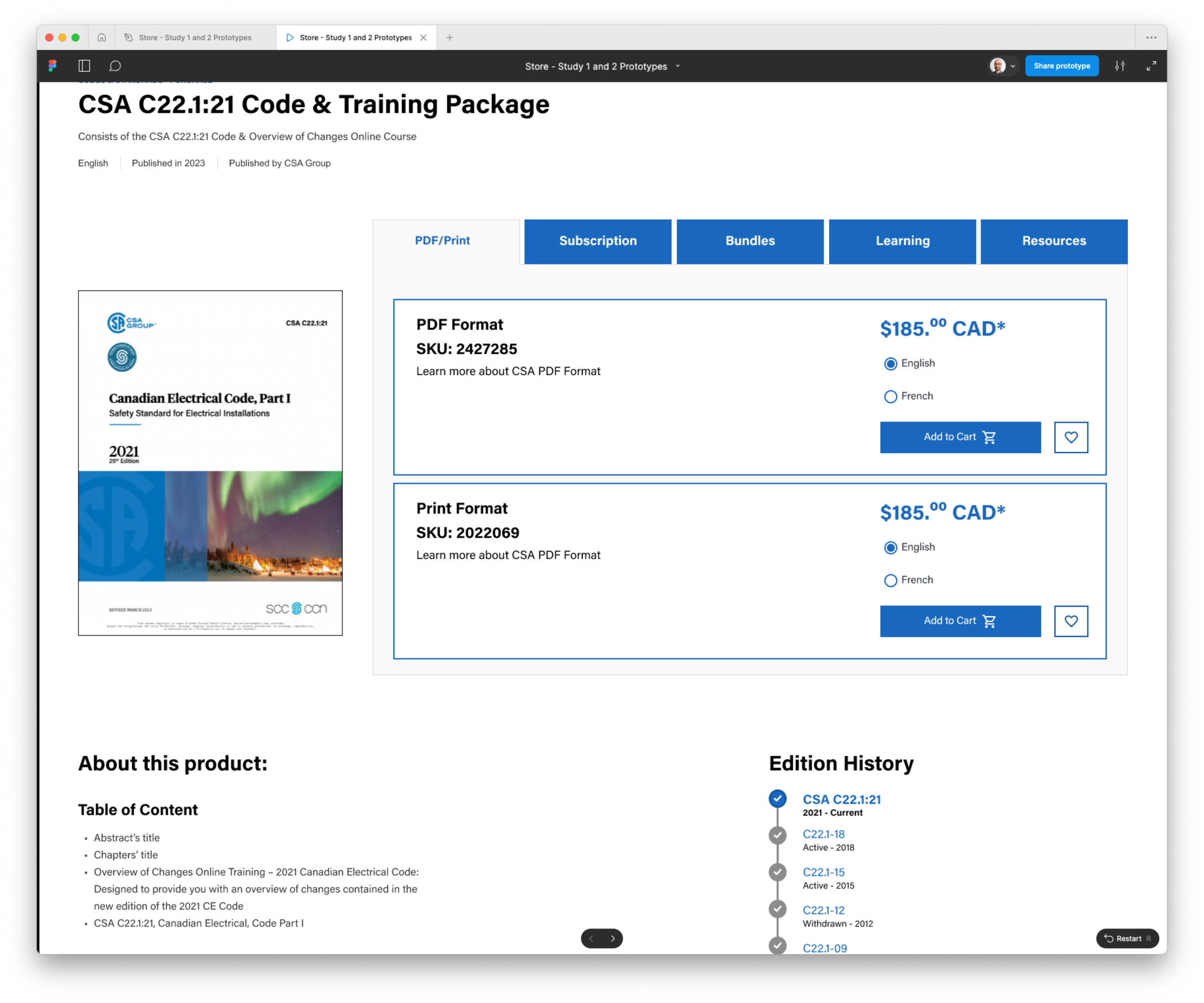 Webpage displaying a product page for a CSA Code & Training Package with pricing and format options