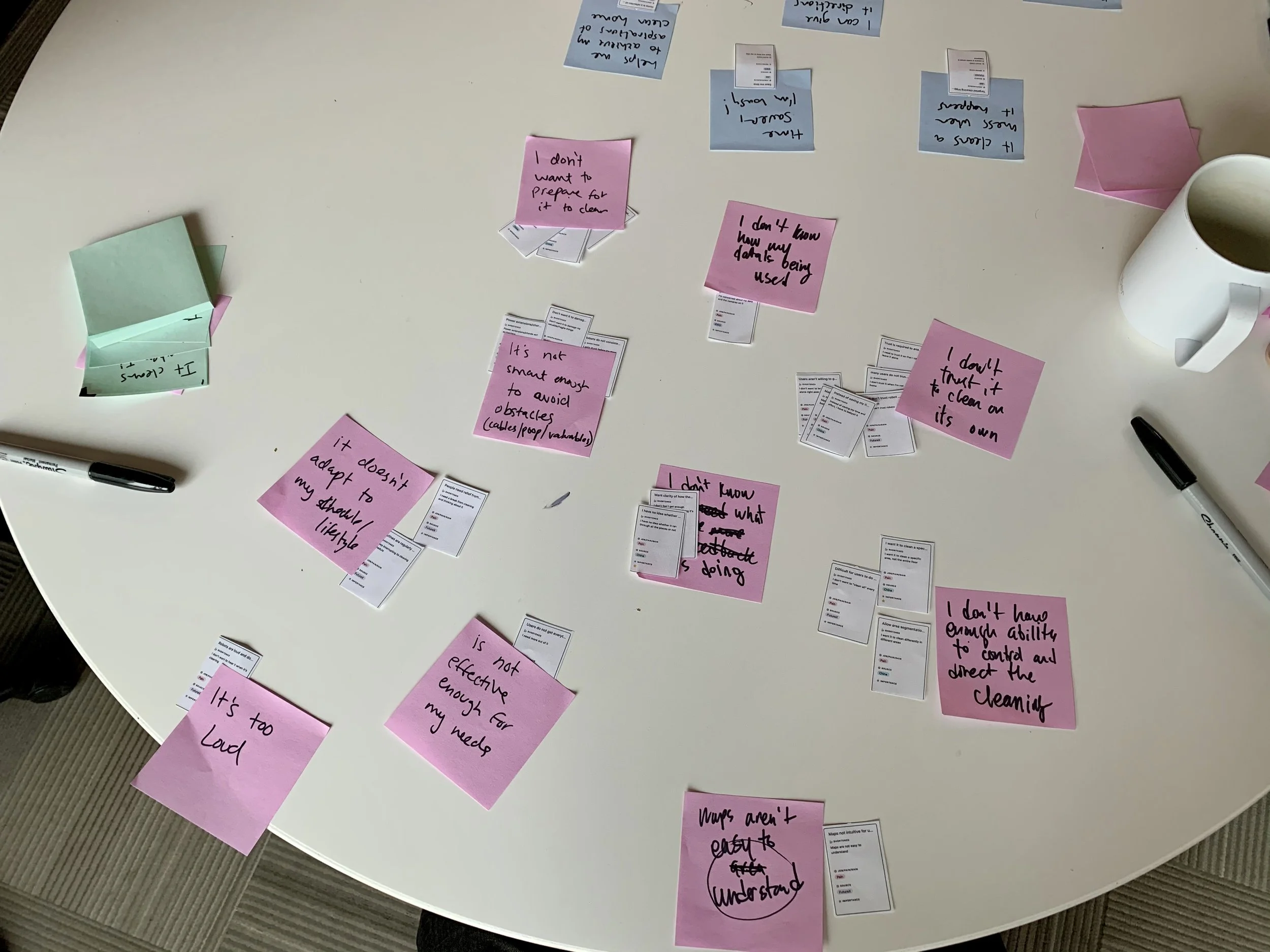 A table with scattered sticky notes, some pink and blue, containing handwritten feedback alongside a coffee mug and markers