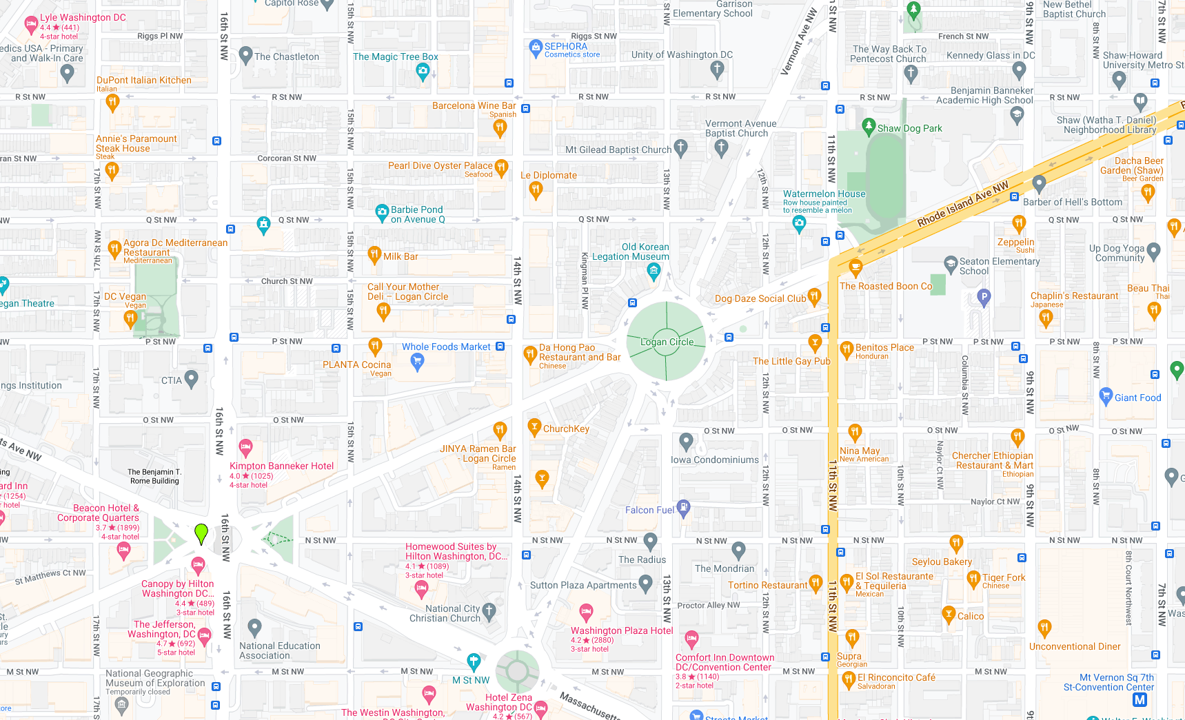 A detailed map of Washington, D.C., highlighting streets and landmarks