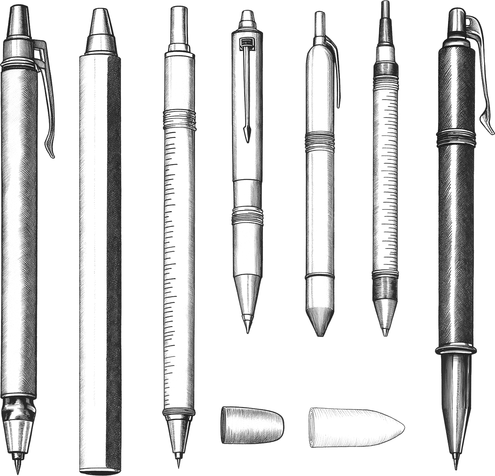 A detailed illustration of various pens of different styles and designs, along with two detachable pen caps placed below.