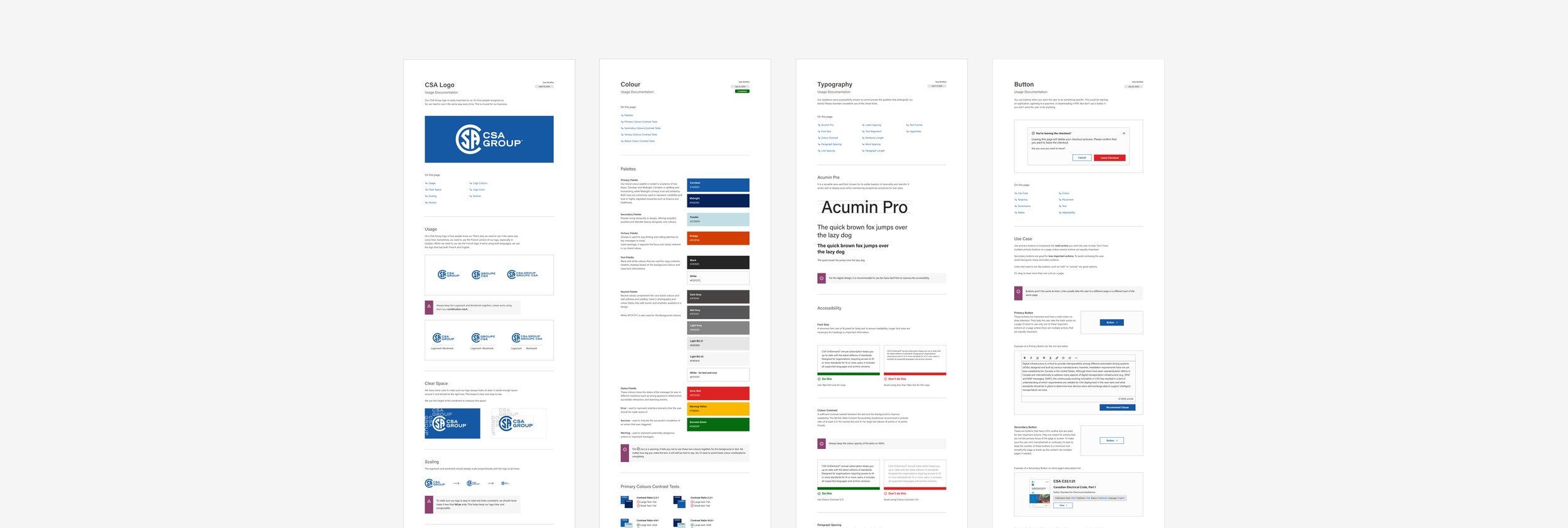 A design system overview displaying multiple panels for logo usage, colour palettes, typography, and button components, each with detailed documentation and examples