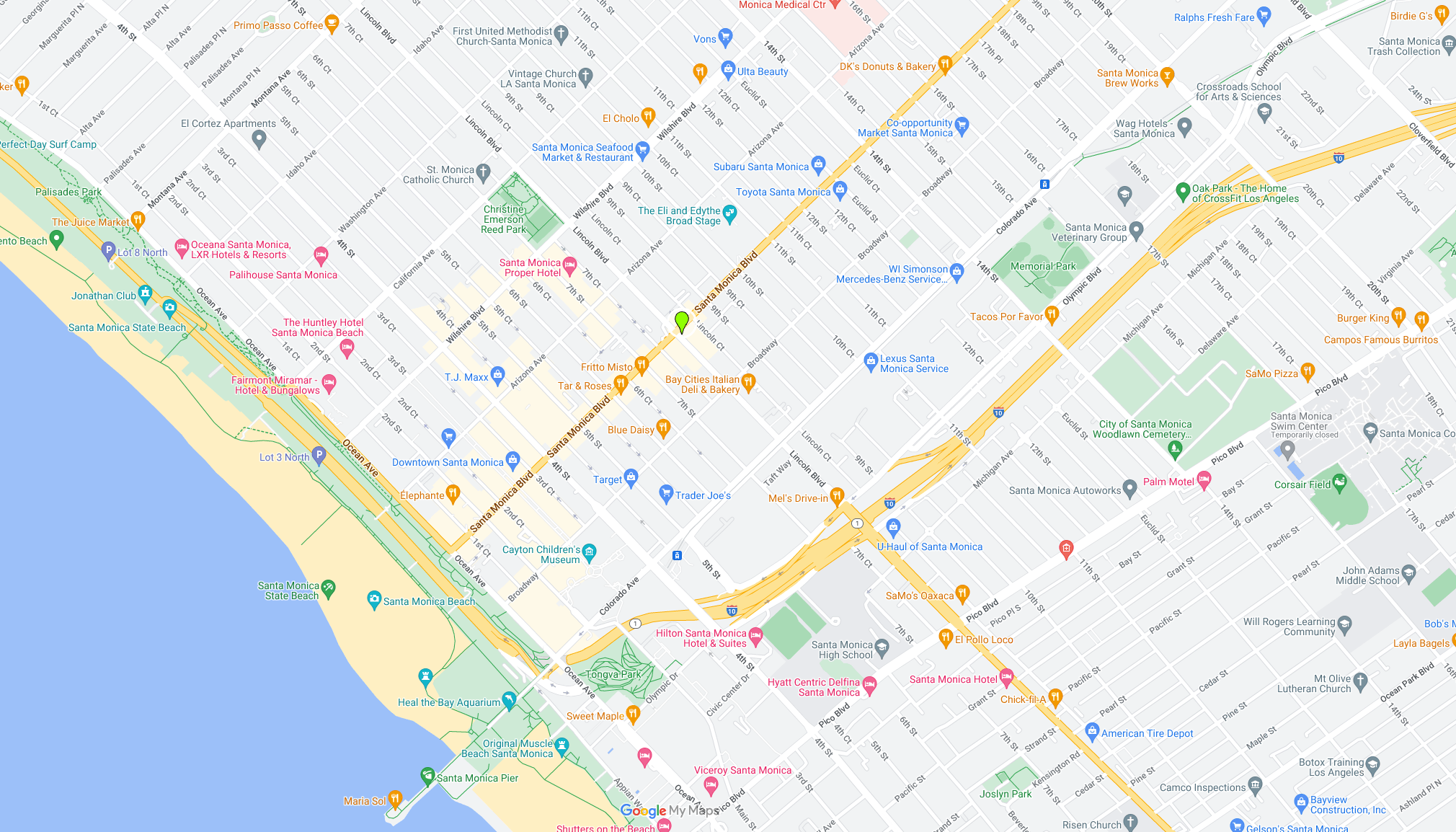 A map view of Santa Monica showing streets, landmarks, and coastline details