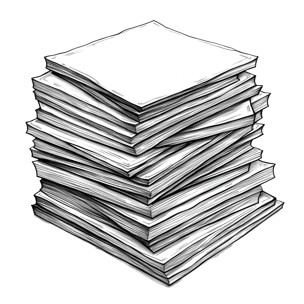 A detailed sketch of a large stack of papers, with visible texture and shading, set against a plain background