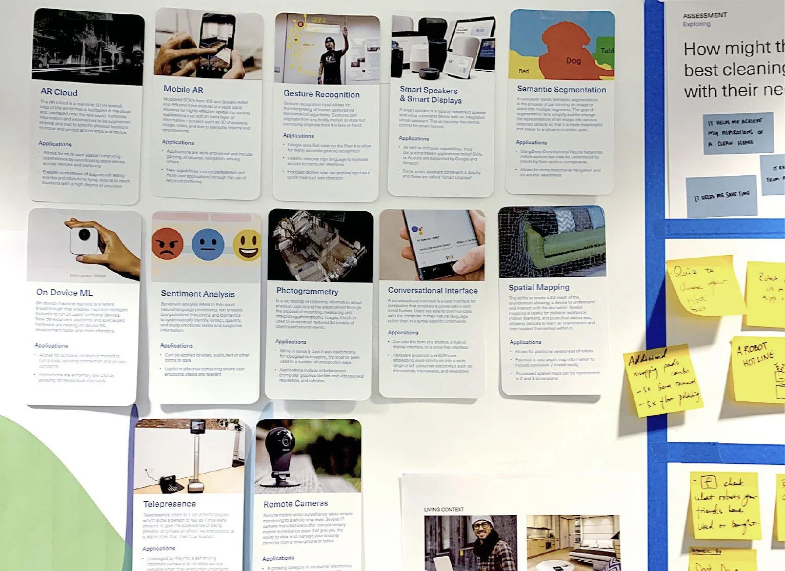 Close-up of a wall displaying various technology concept cards alongside sticky notes, illustrating different ideas and features