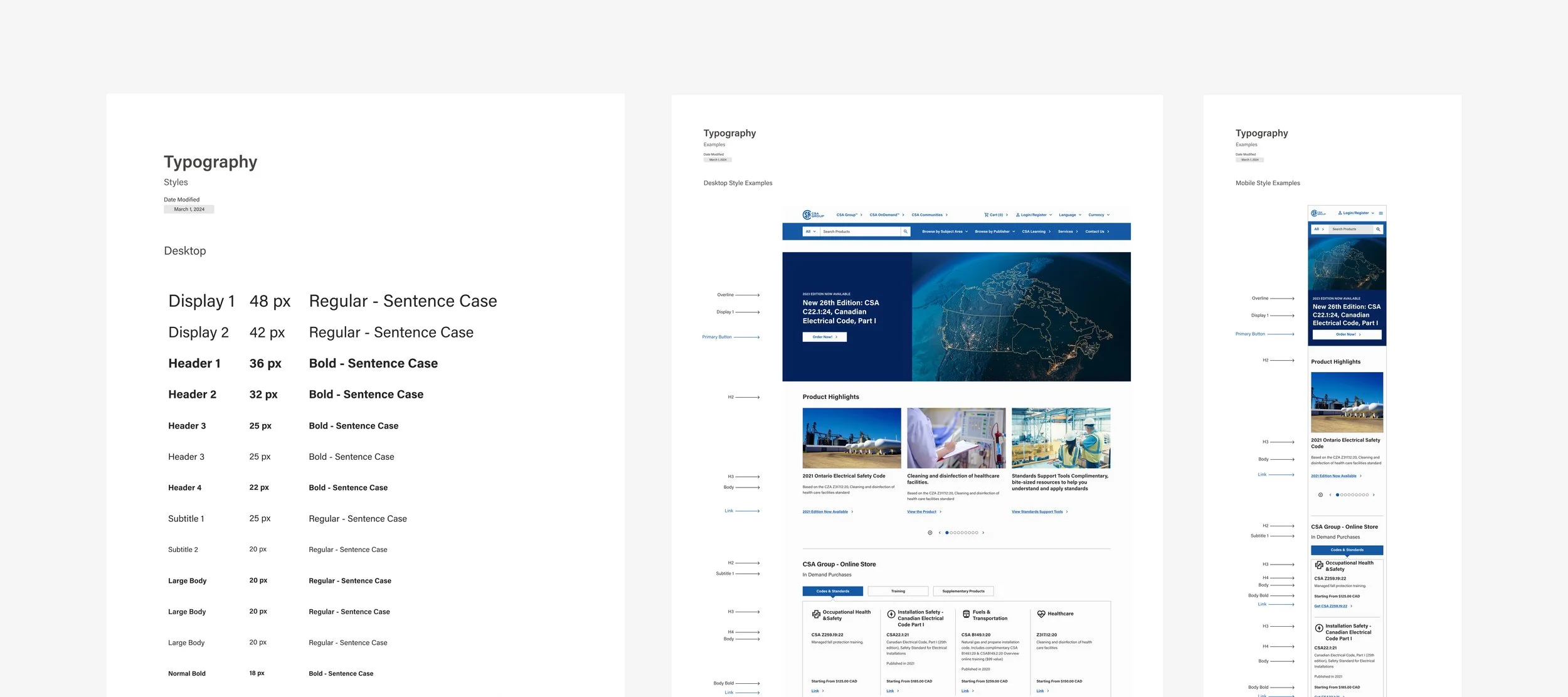 Typography guidelines showcasing font sizes and styles for desktop on the left, applied examples on a webpage in the center, and mobile typography examples on the right.