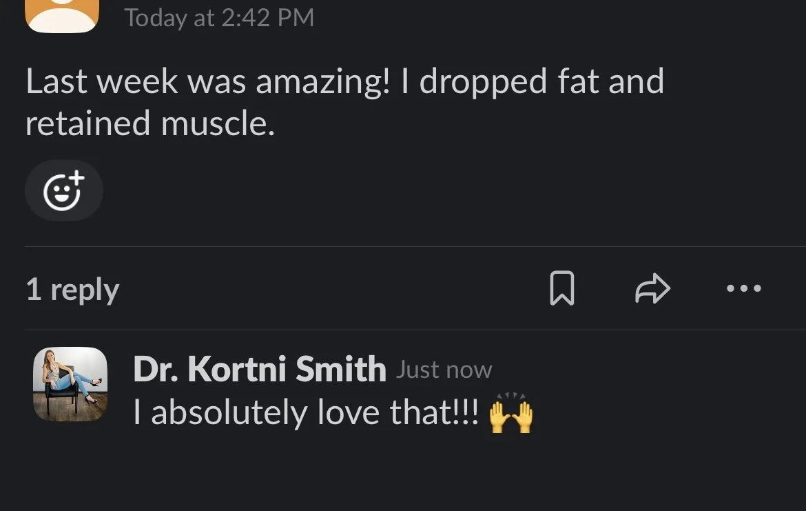 A social media post with a comment from Dr. Kortni Smith expressing enthusiasm for a fitness achievement, and another comment about losing fat and gaining muscle.