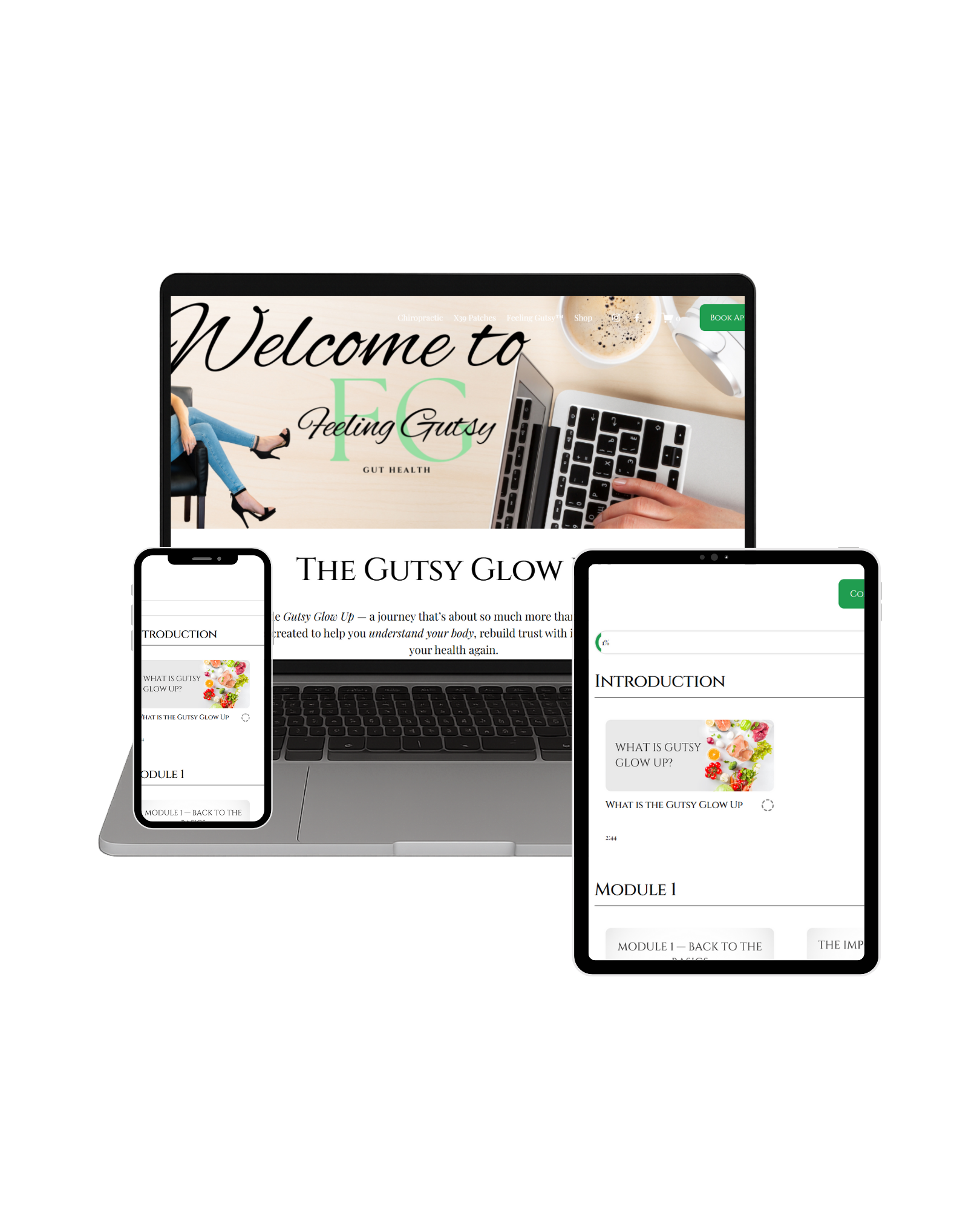 A laptop and two smartphones displaying a website titled 'Feeding Gutsy' about gut health. The laptop screen shows the homepage with a welcome message and a coffee cup, and the smartphones display sections titled 'Introduction' and 'Module 1' of the same website.