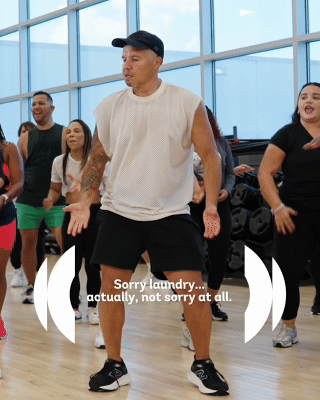 Sorry laundry actually not sorry at all carousel preview with man dancing in a Zumba class